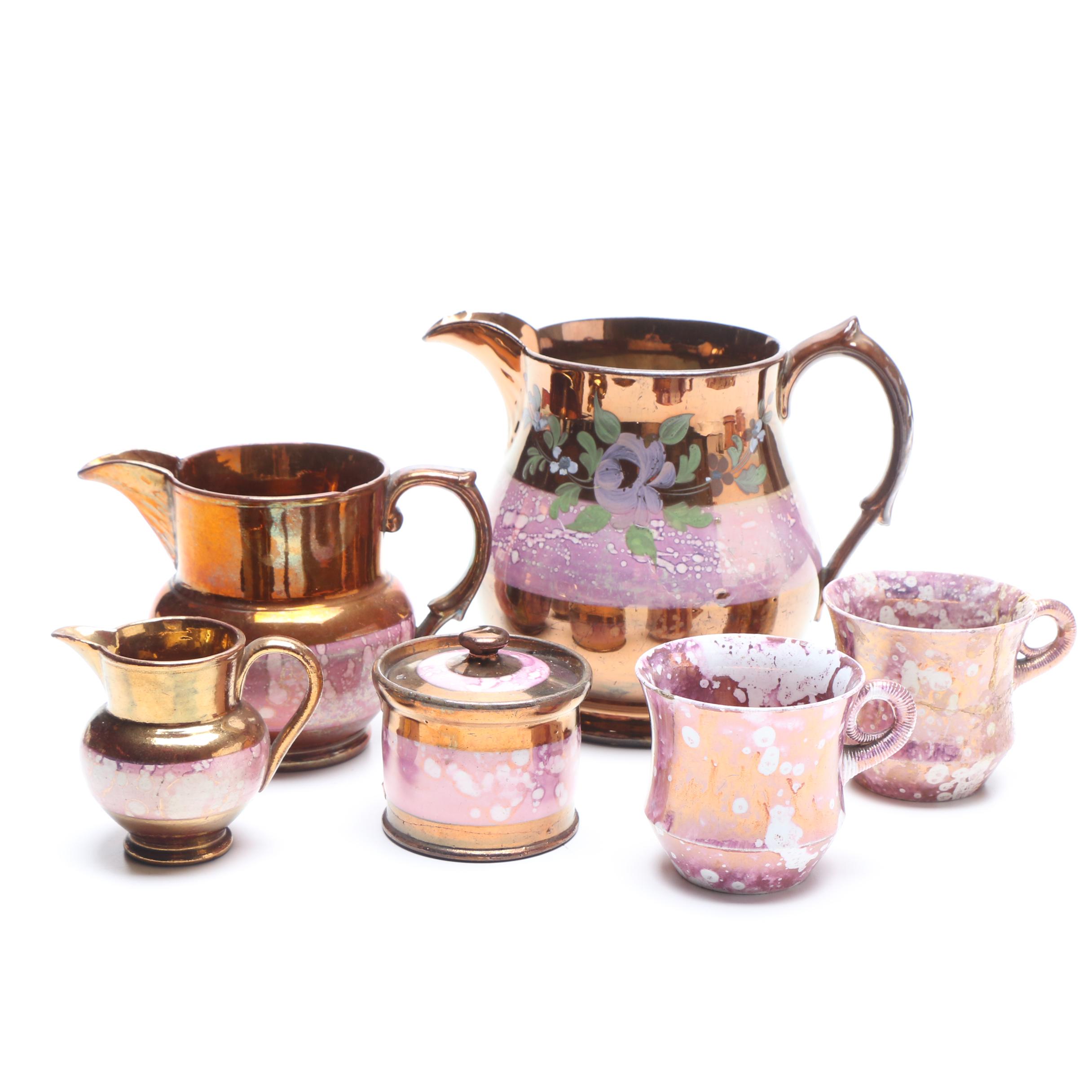 English Porcelain Lusterware Including Plates, Salt and Pepper Shakers and More