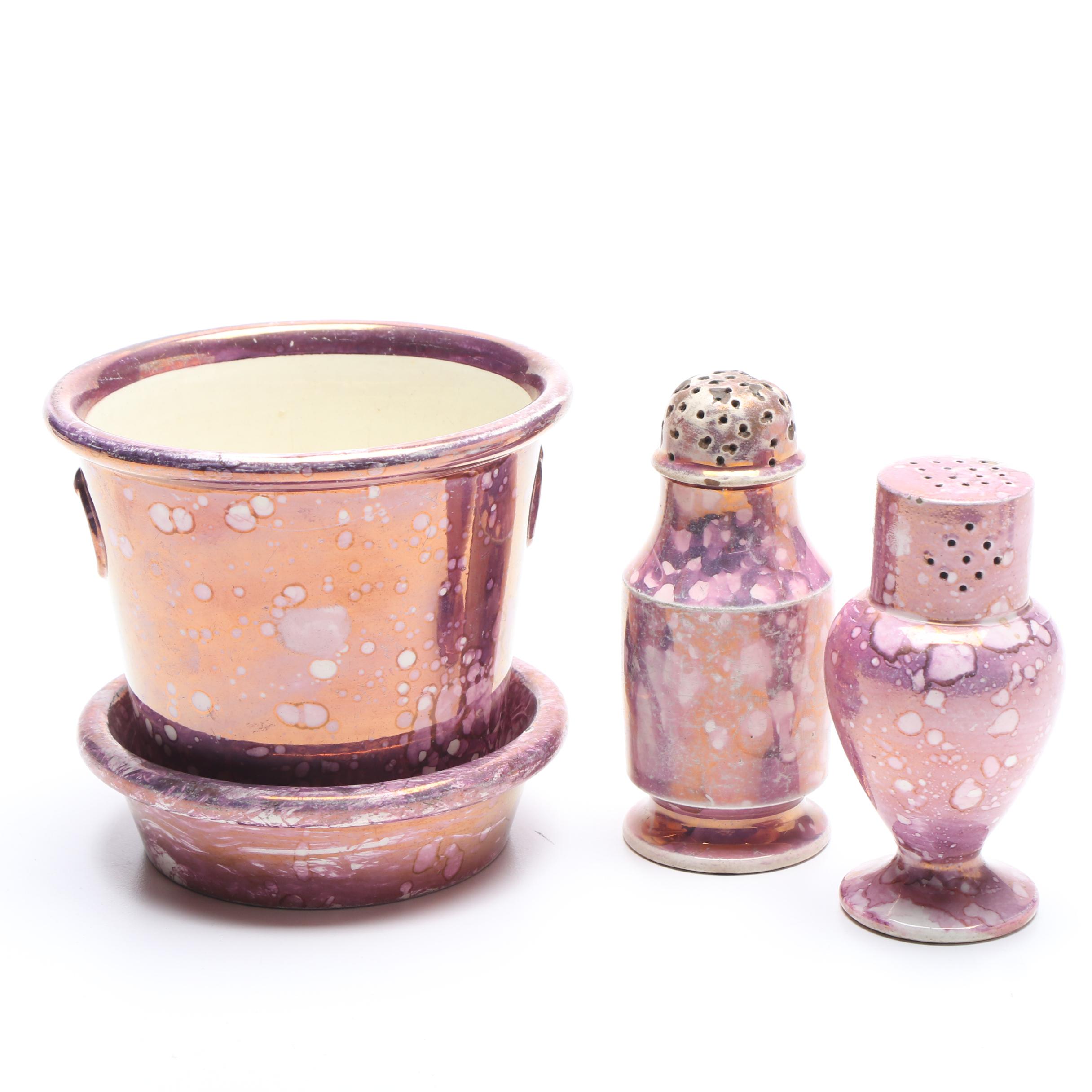 English Porcelain Lusterware Including Plates, Salt and Pepper Shakers and More