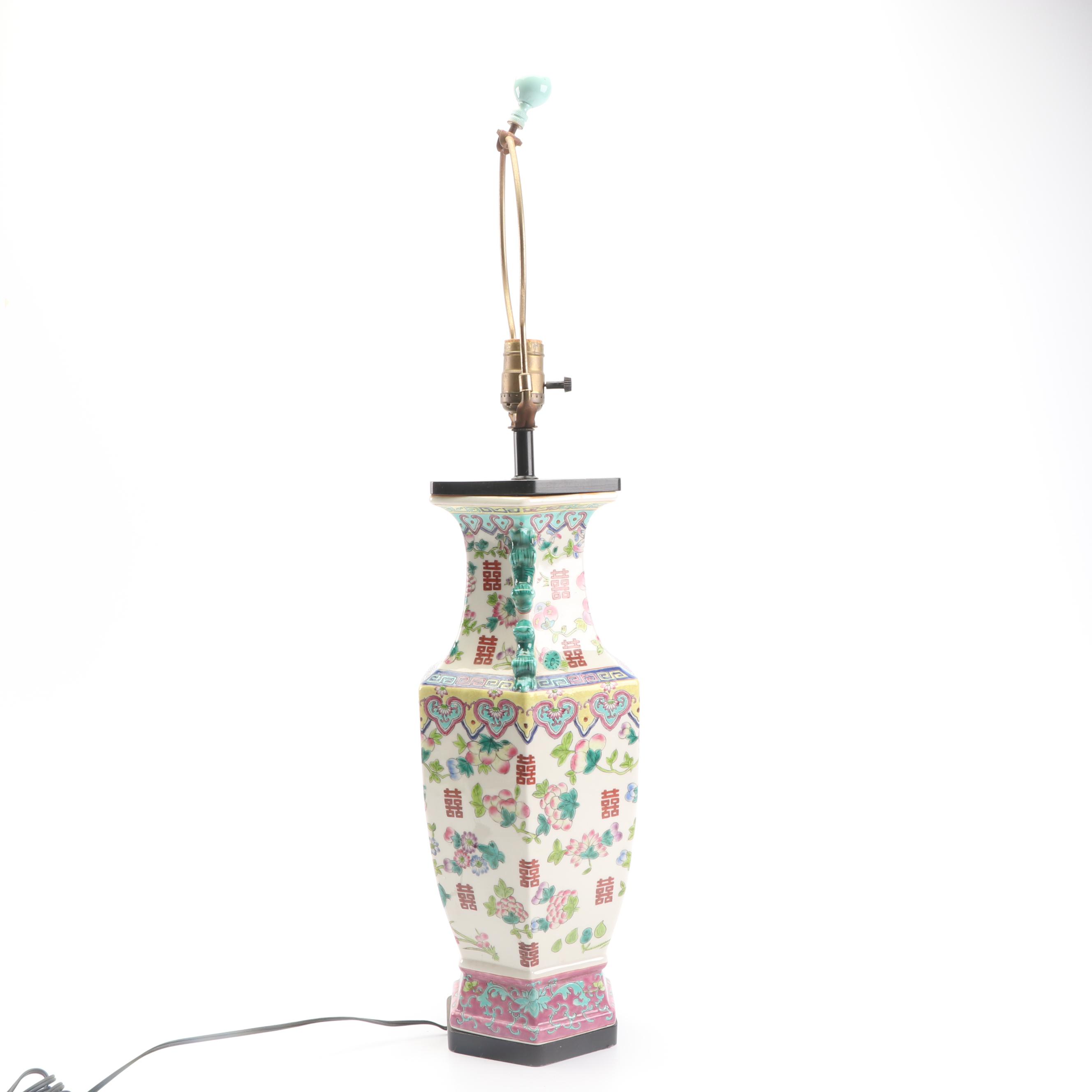 Chinese Hand Decorated Ceramic Table Lamp Featuring Guardian Lions