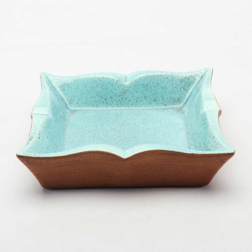 Blue Speckled Ceramic Square Bowl, Mid-Century