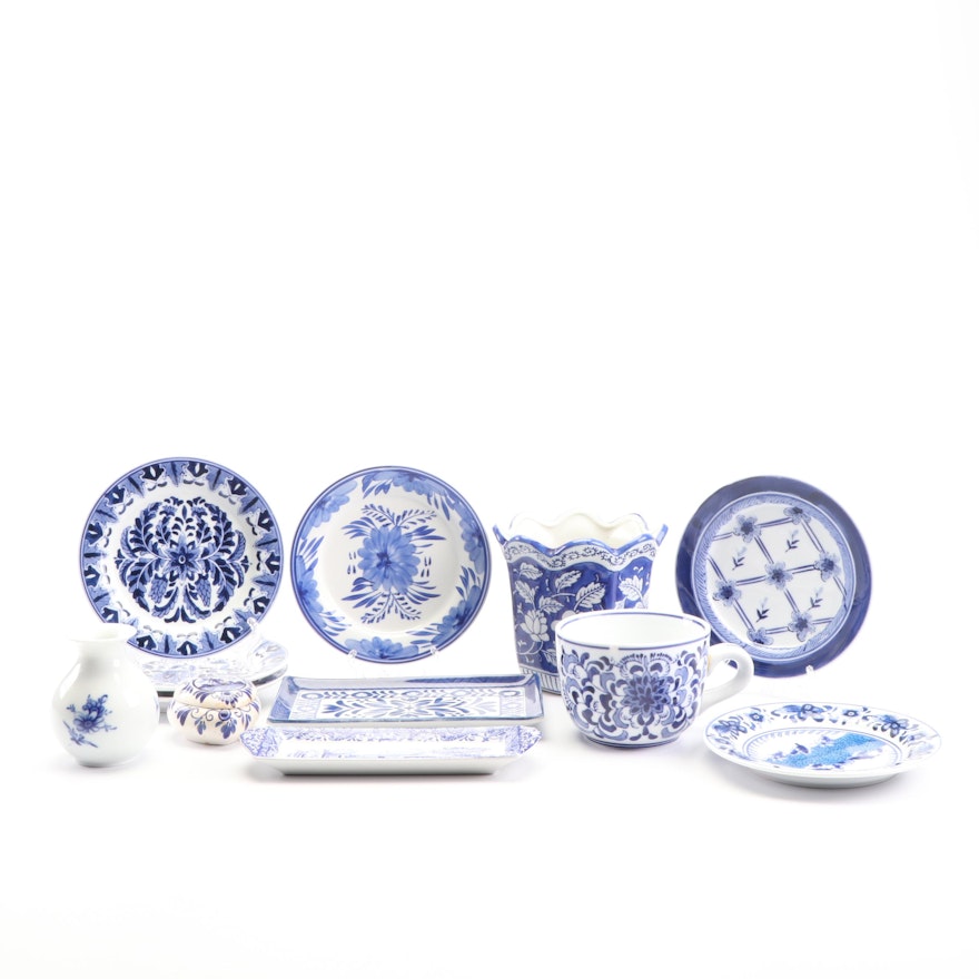 Blue and White Dinnerware with Trinket Box and Planter featuring Delft