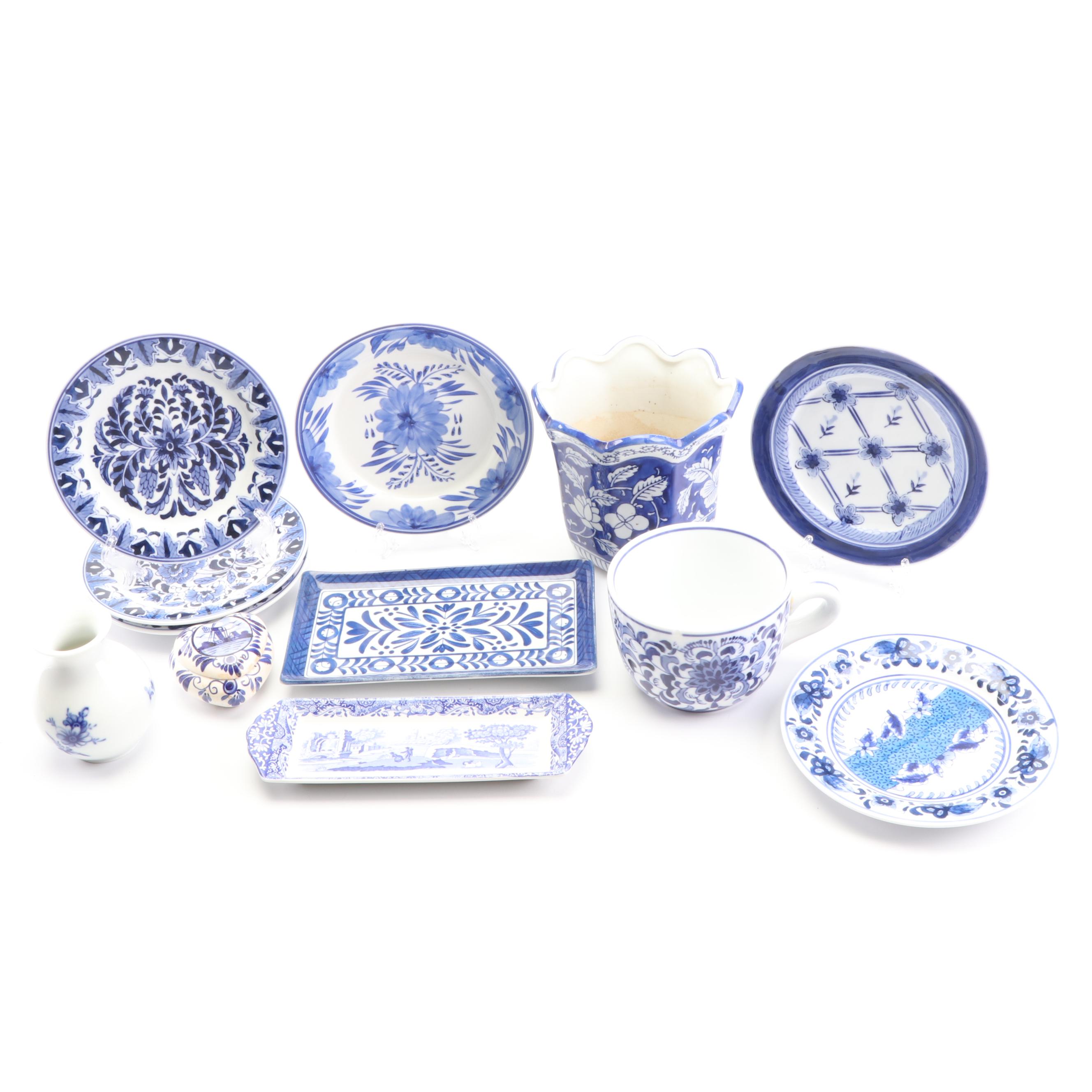 Blue and White Dinnerware with Trinket Box and Planter featuring Delft