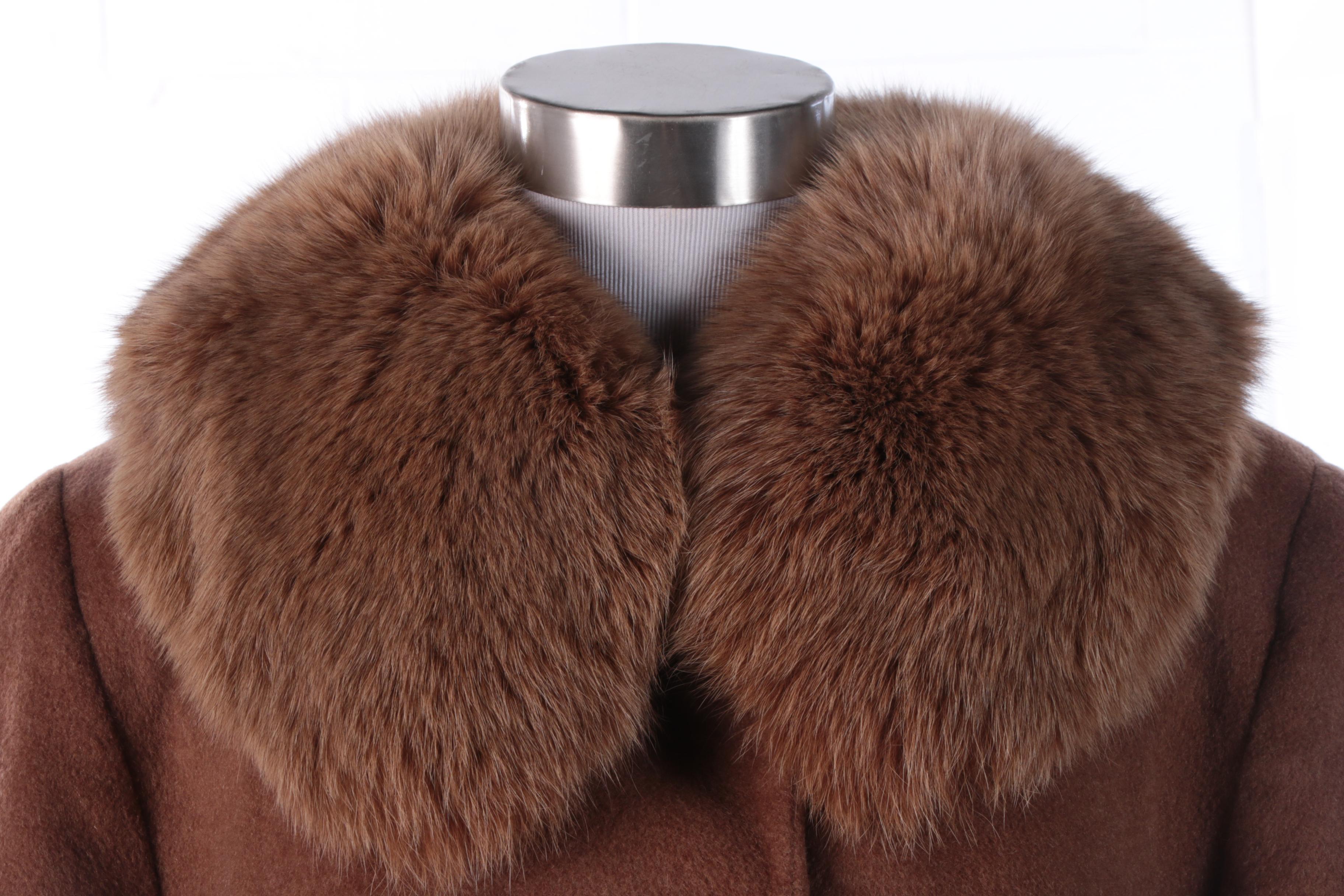 Vintage Brown Wool Skirt Suit with Fox Fur Collar