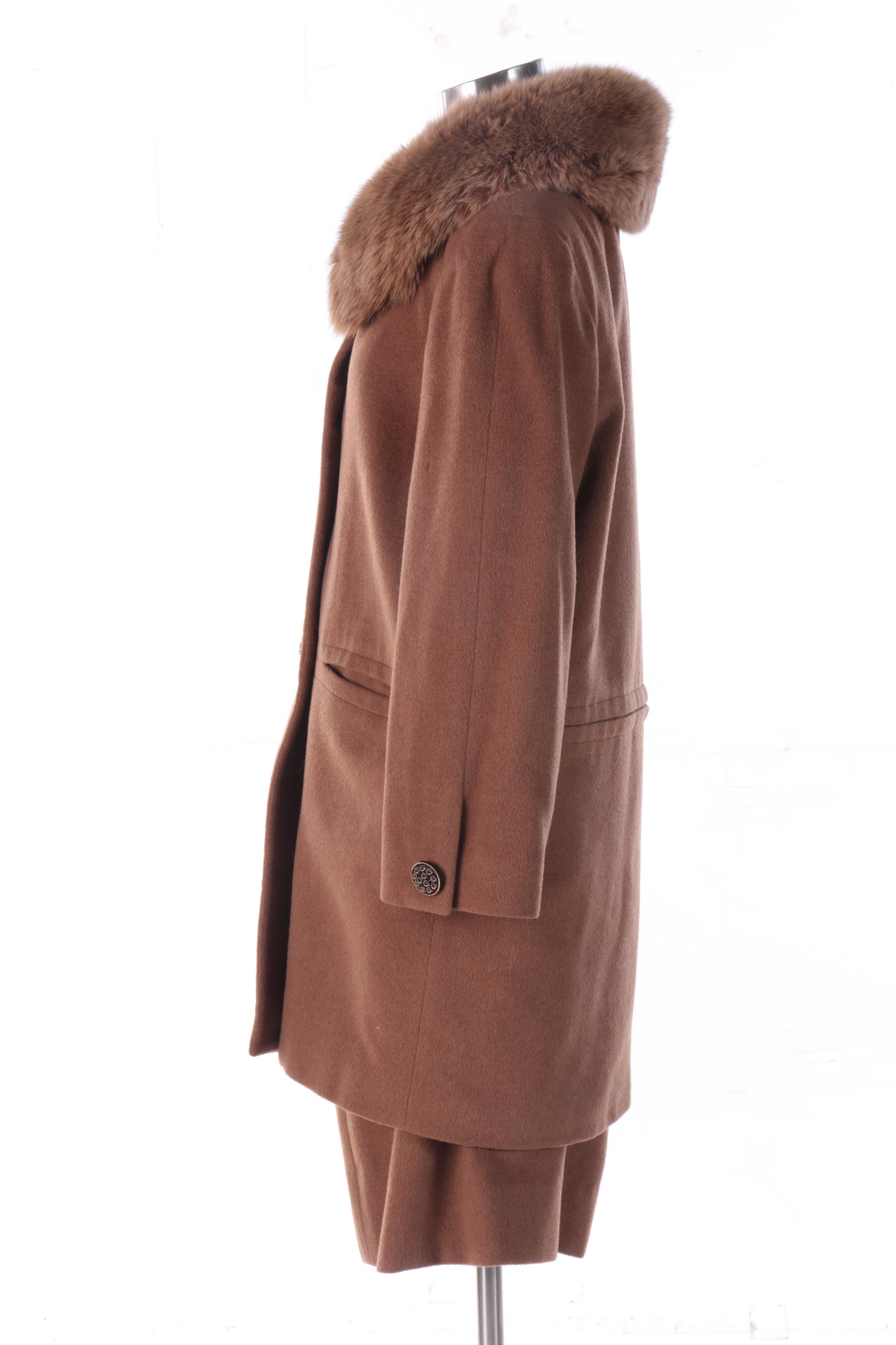 Vintage Brown Wool Skirt Suit with Fox Fur Collar