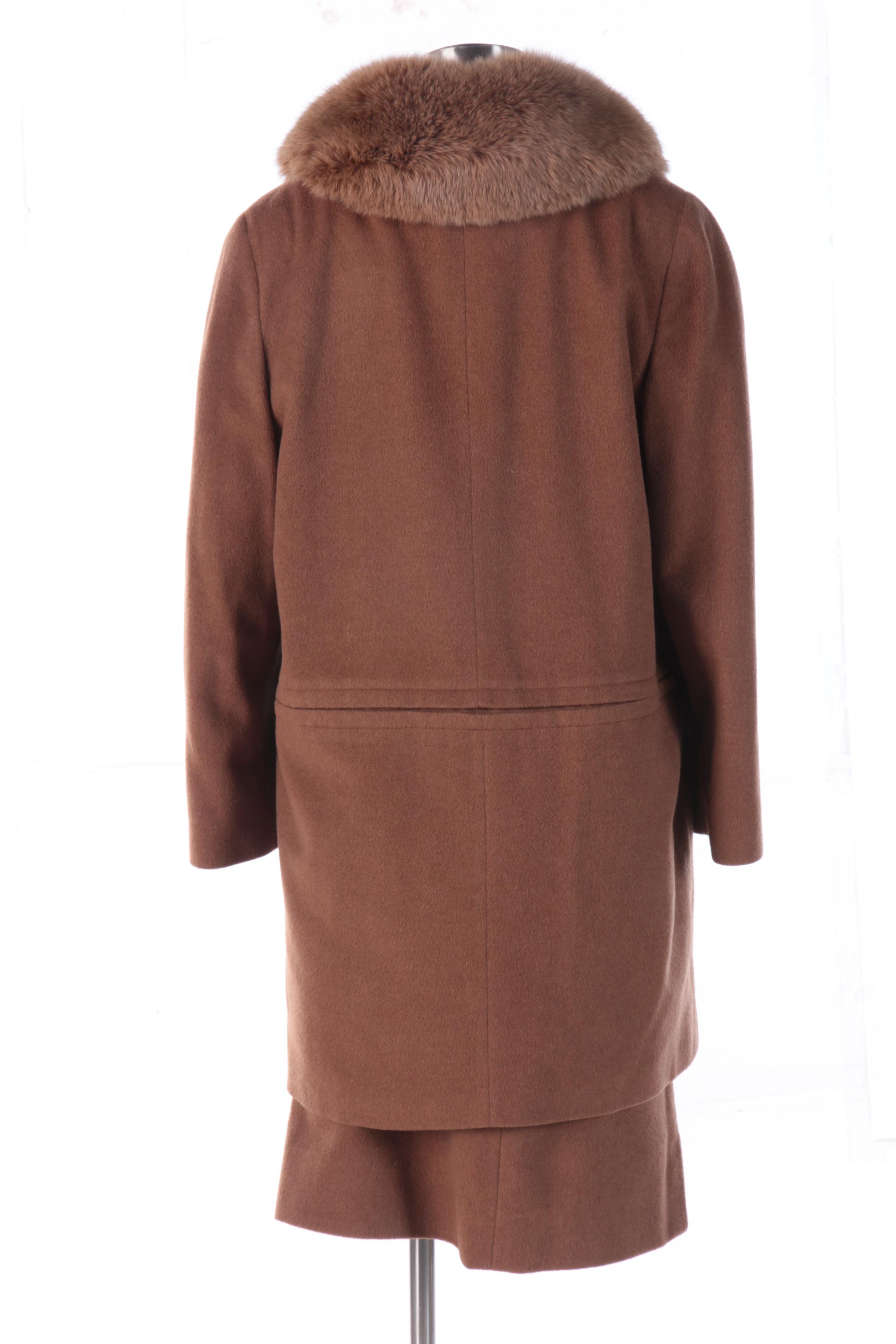 Vintage Brown Wool Skirt Suit with Fox Fur Collar