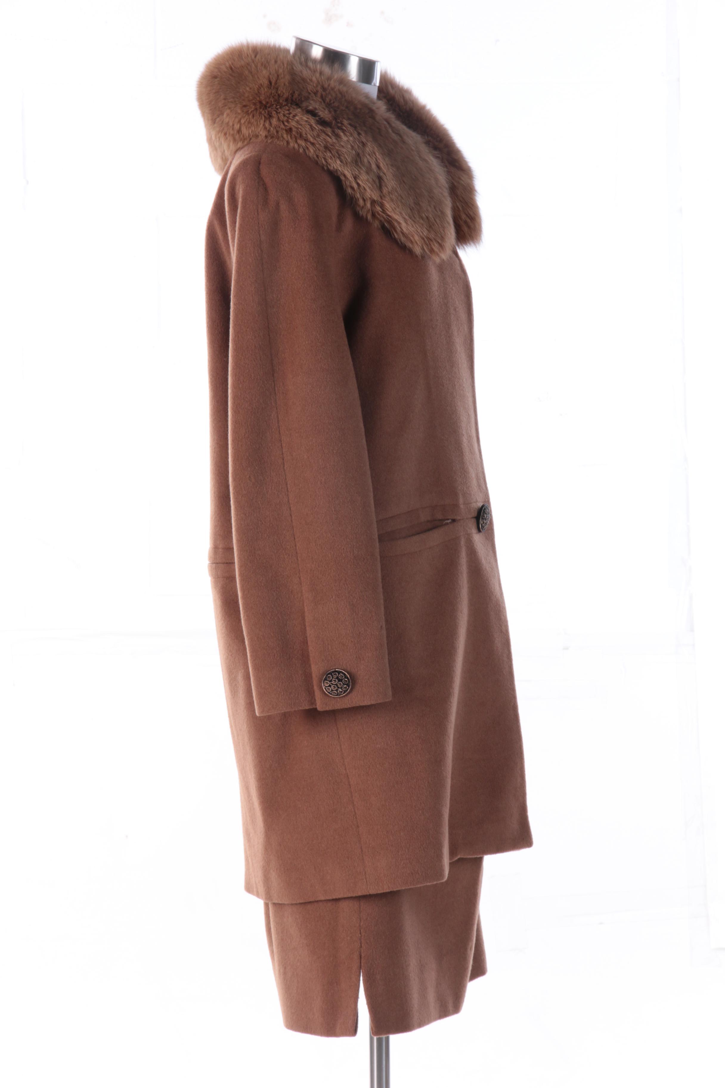 Vintage Brown Wool Skirt Suit with Fox Fur Collar