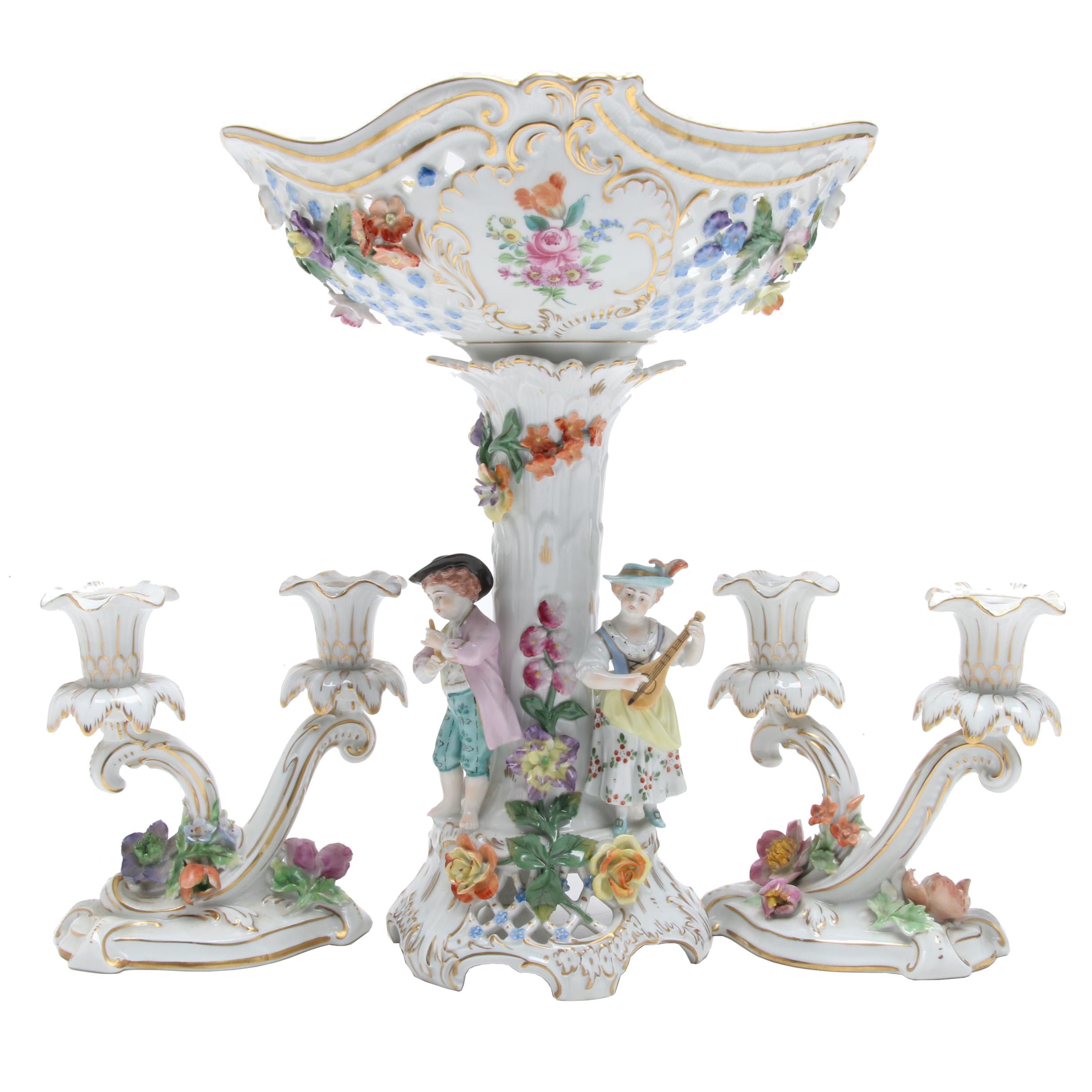 Dresden Compote with Two  Candleholders