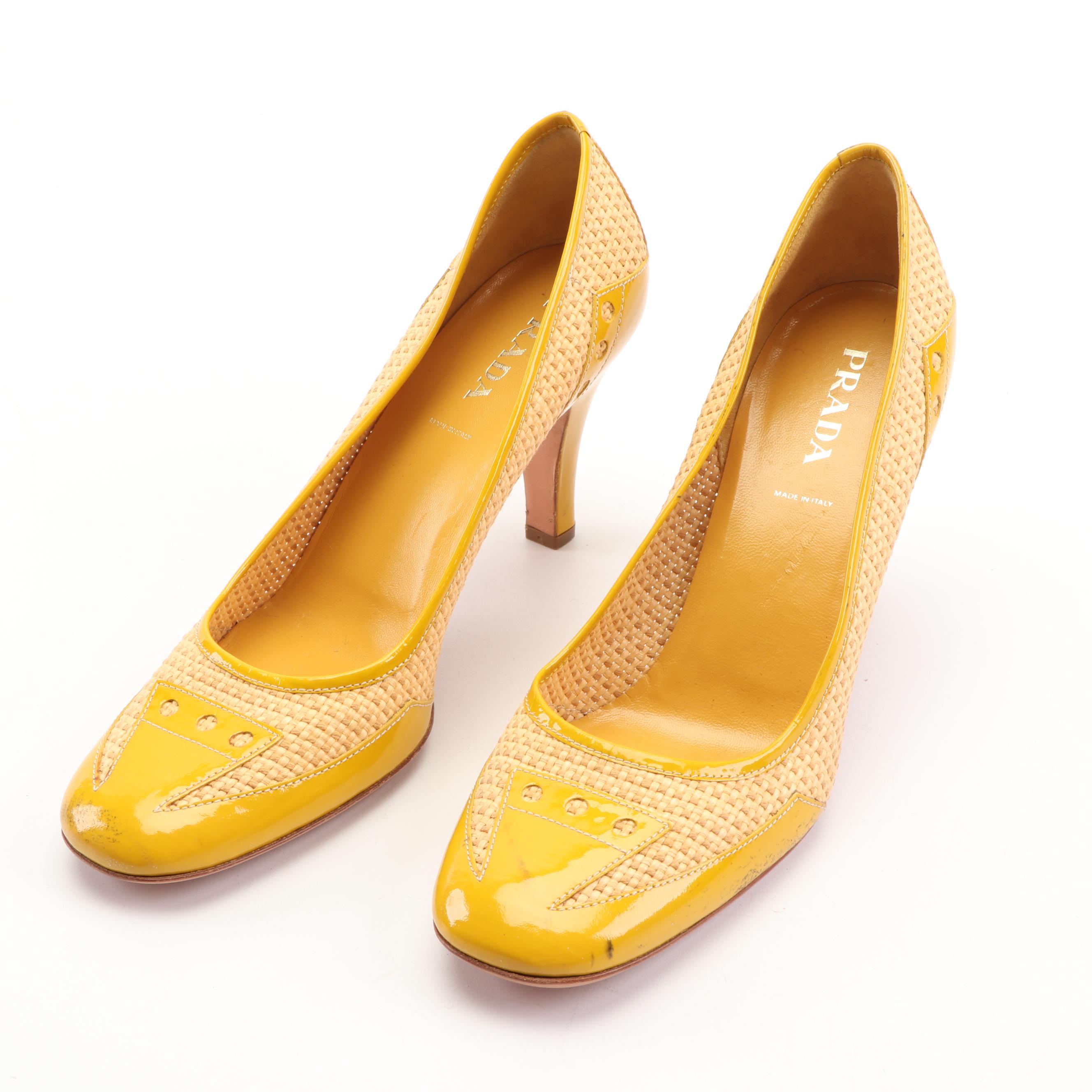 Prada Woven Raffia and Yellow Patent Leather Pumps