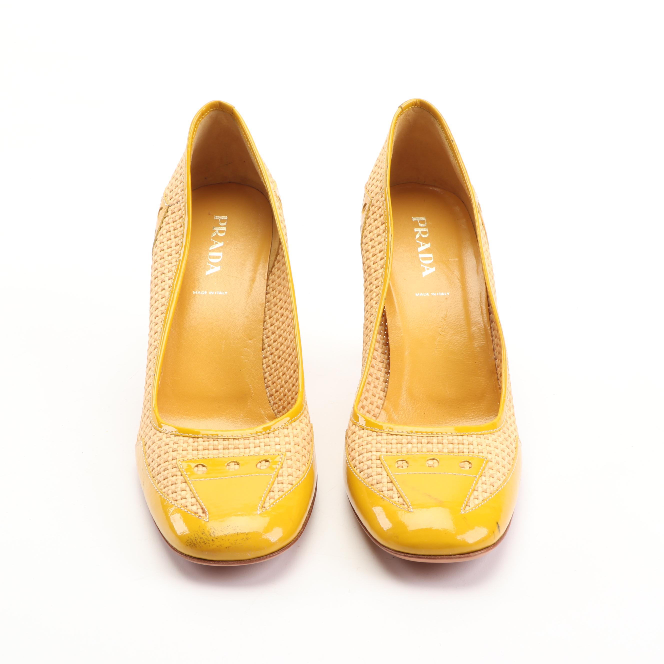 Prada Woven Raffia and Yellow Patent Leather Pumps