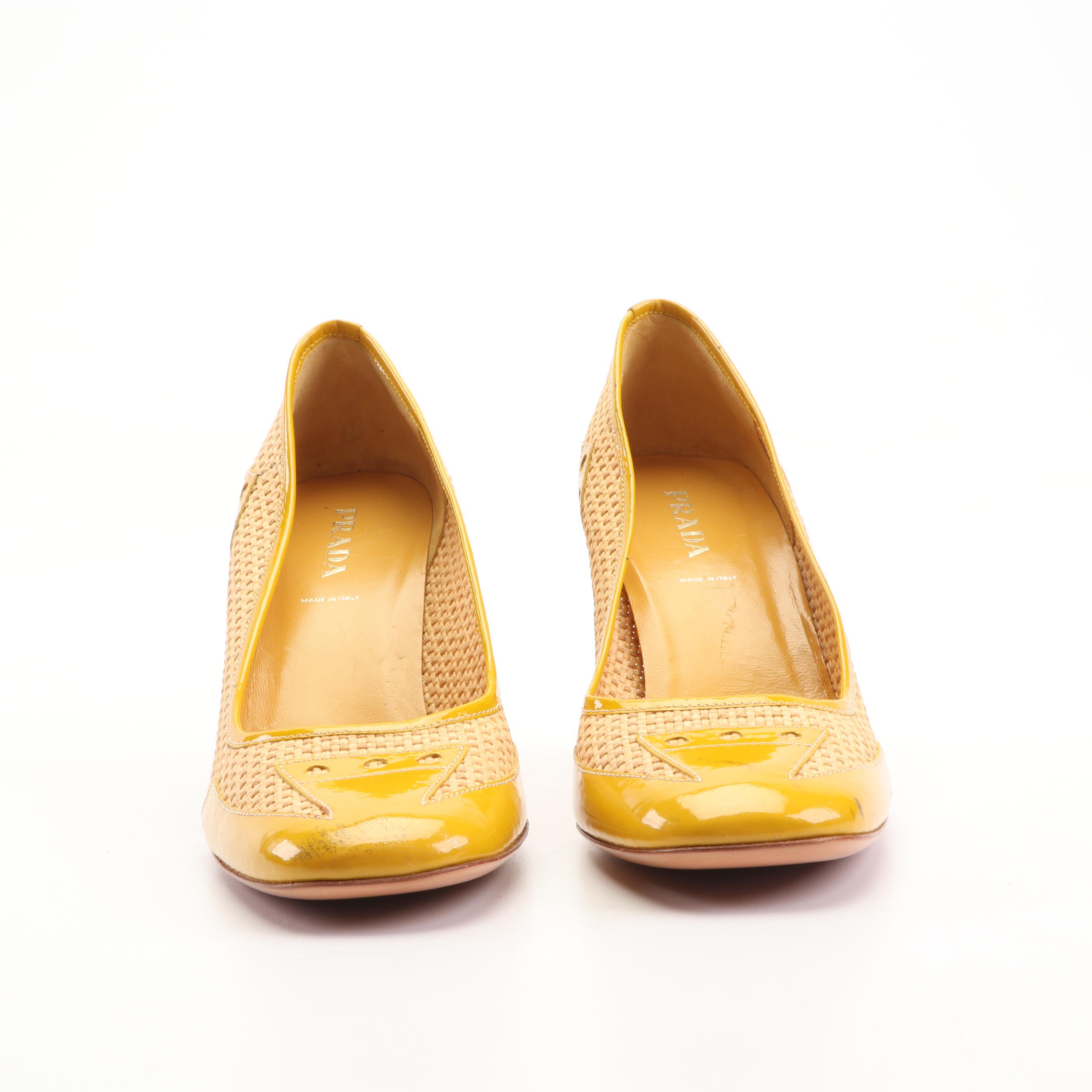Prada Woven Raffia and Yellow Patent Leather Pumps