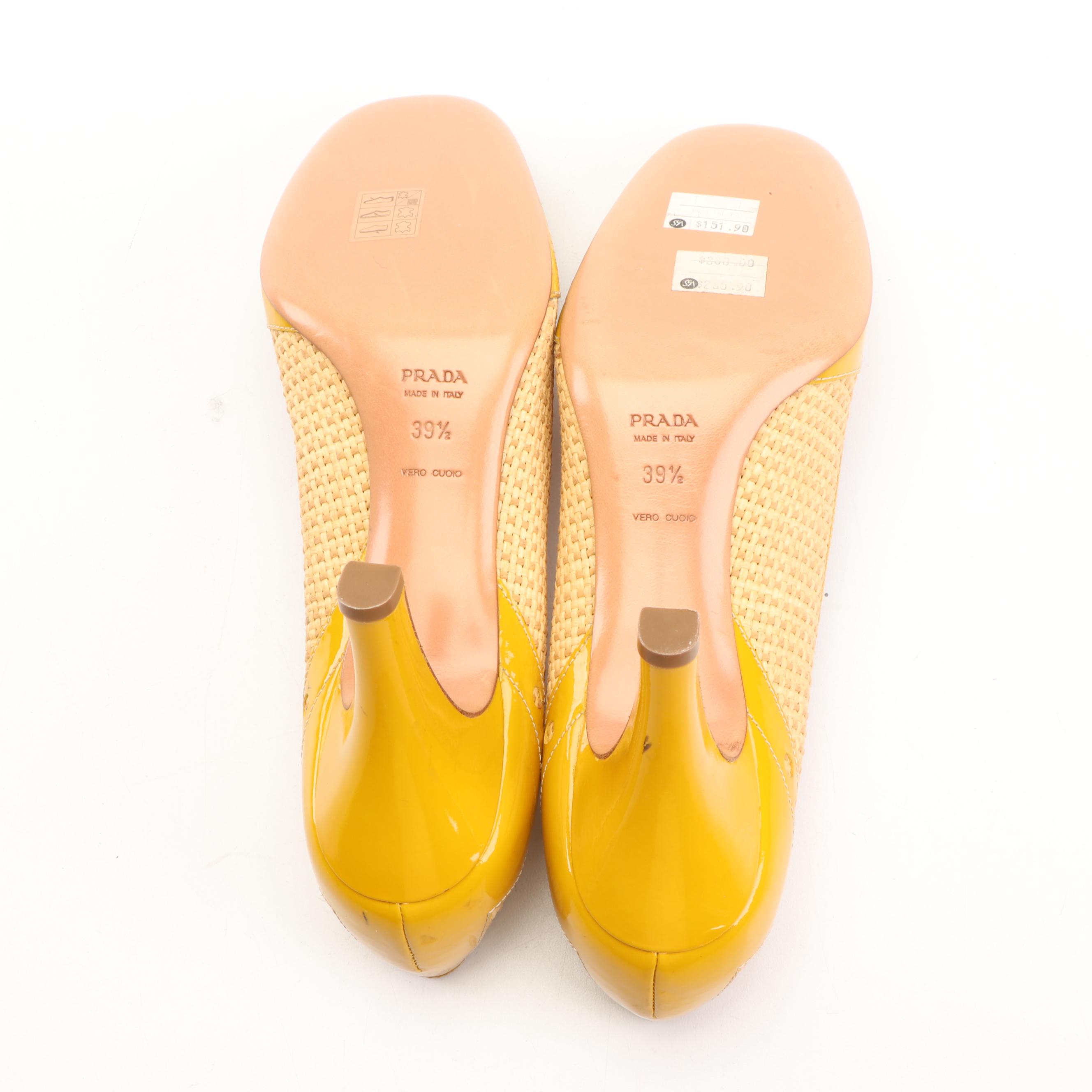 Prada Woven Raffia and Yellow Patent Leather Pumps
