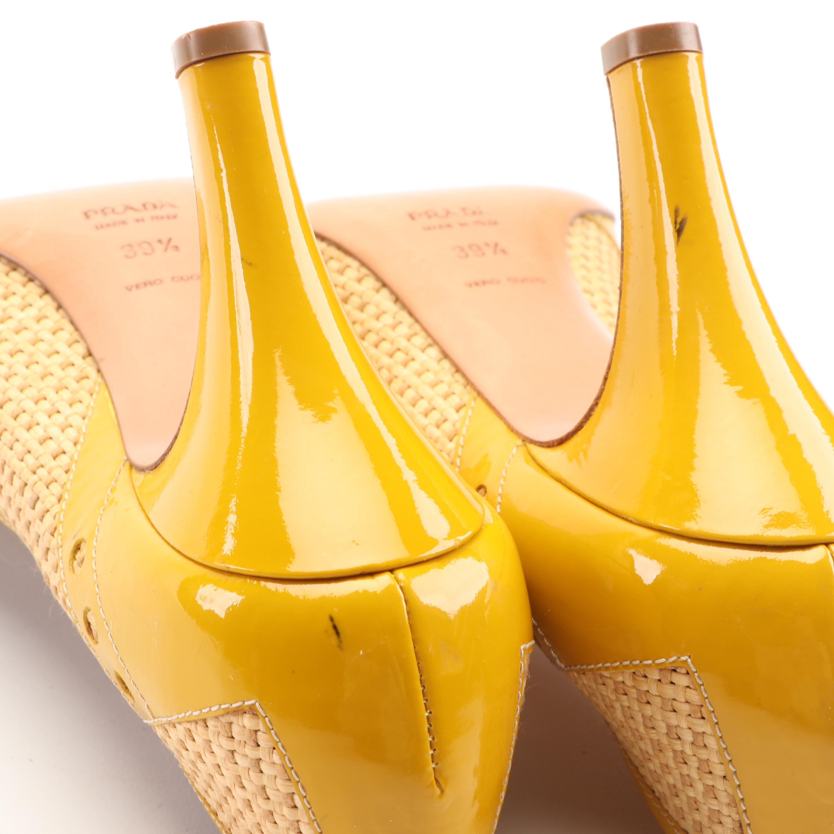 Prada Woven Raffia and Yellow Patent Leather Pumps