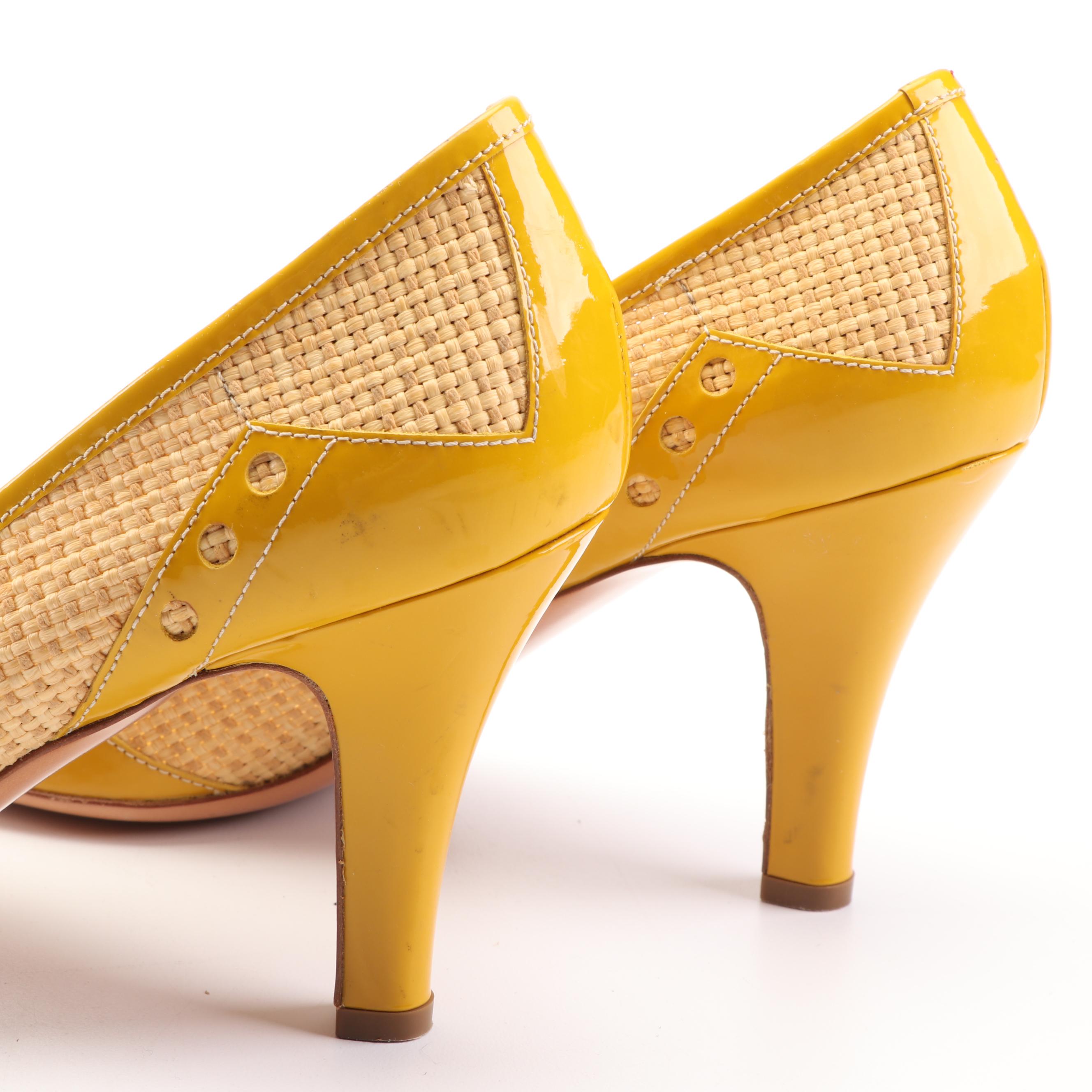 Prada Woven Raffia and Yellow Patent Leather Pumps