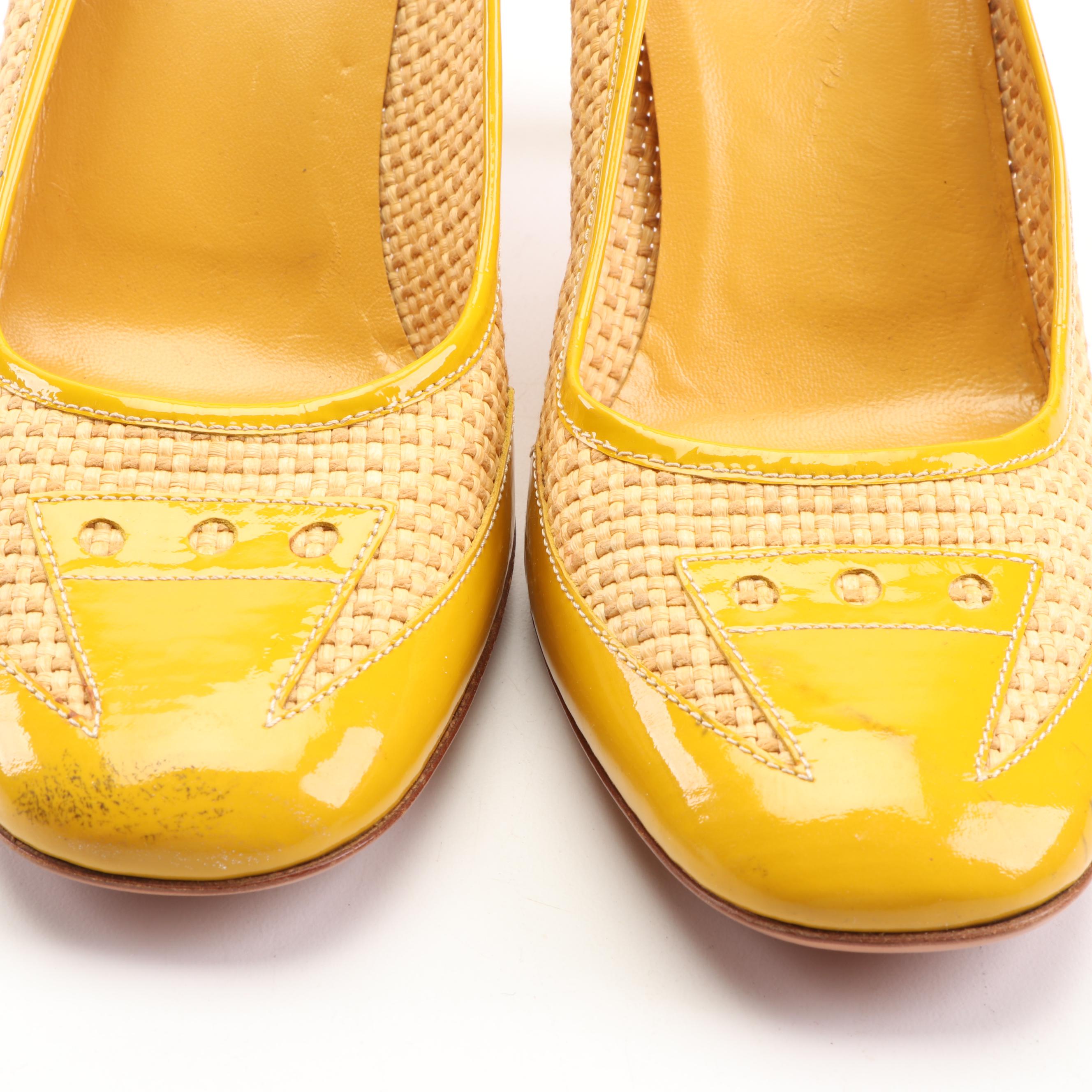 Prada Woven Raffia and Yellow Patent Leather Pumps
