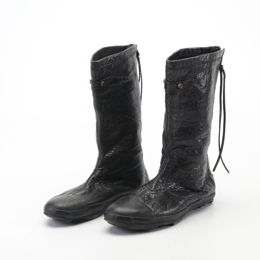 Balenciaga Black Crinkle Leather Boots with Rubber Capped Toes