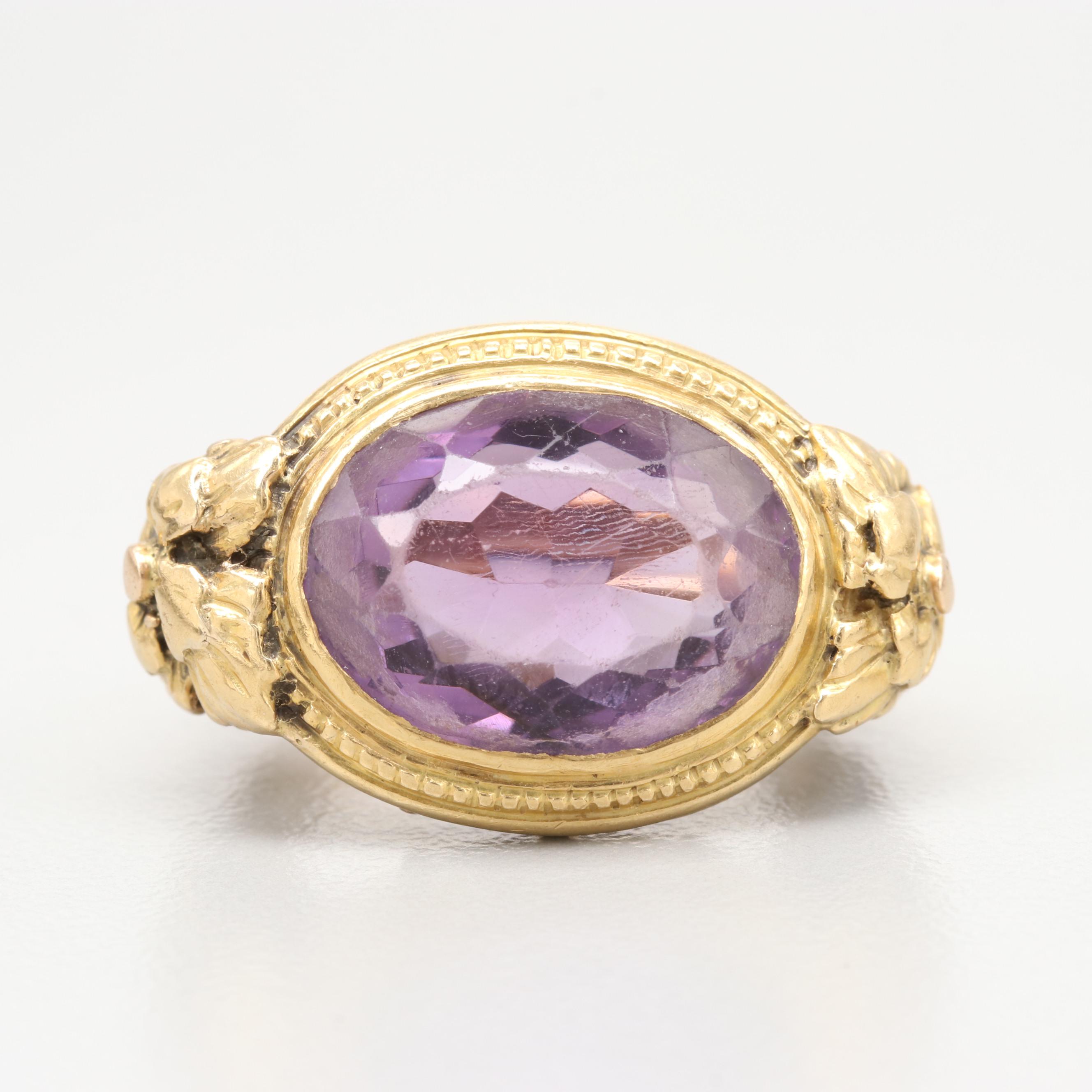 Mid Victorian 18K Yellow Gold 4.78 CT Amethyst Ring with Floral Motif
