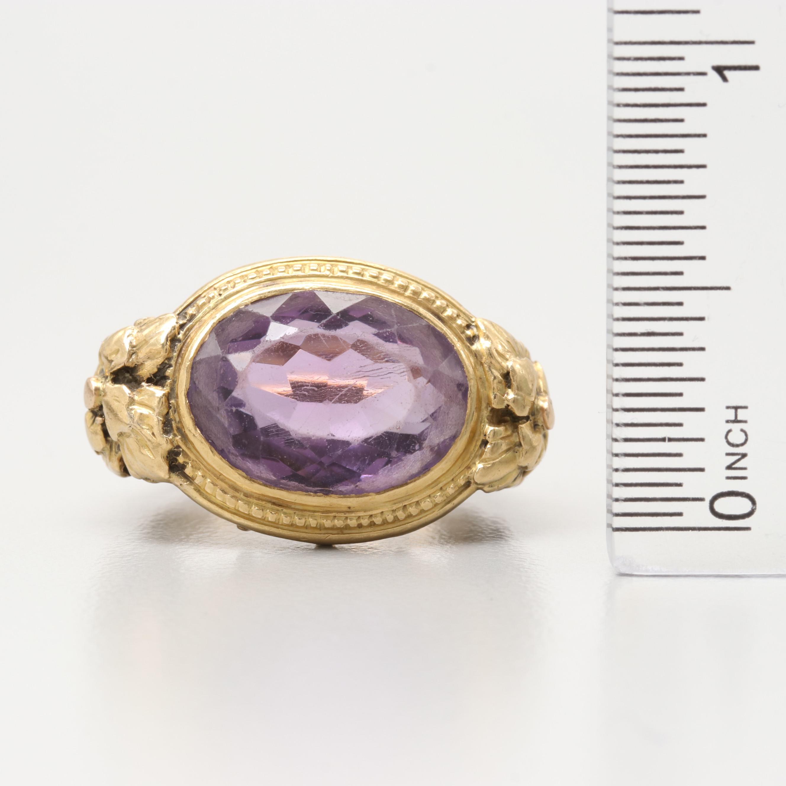 Mid Victorian 18K Yellow Gold 4.78 CT Amethyst Ring with Floral Motif
