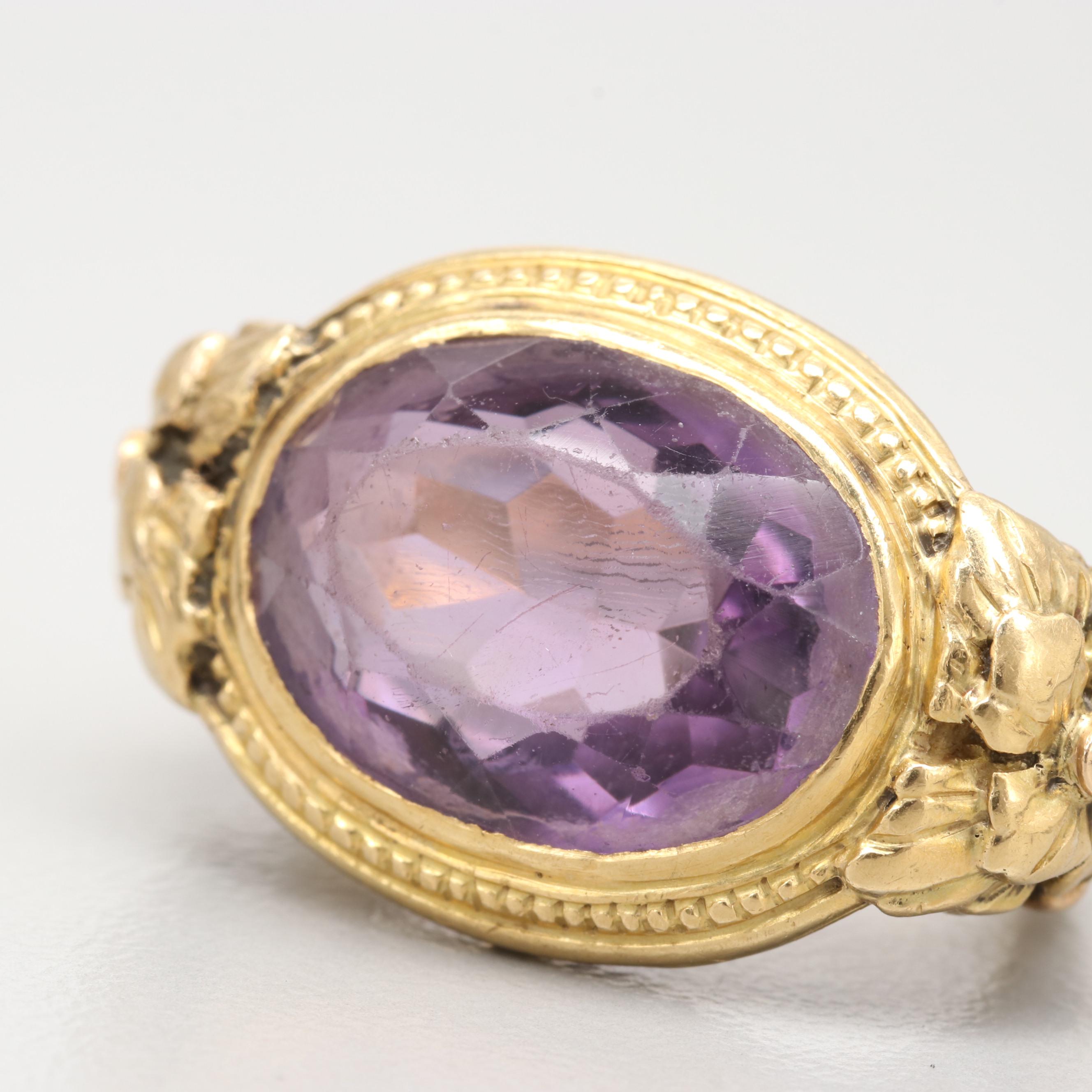 Mid Victorian 18K Yellow Gold 4.78 CT Amethyst Ring with Floral Motif