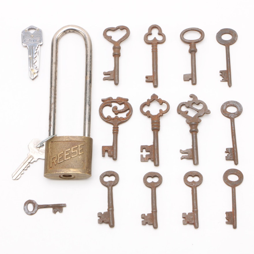 Skeleton Key Assortment with Reese Padlock Including Voltas, Early 20th Century