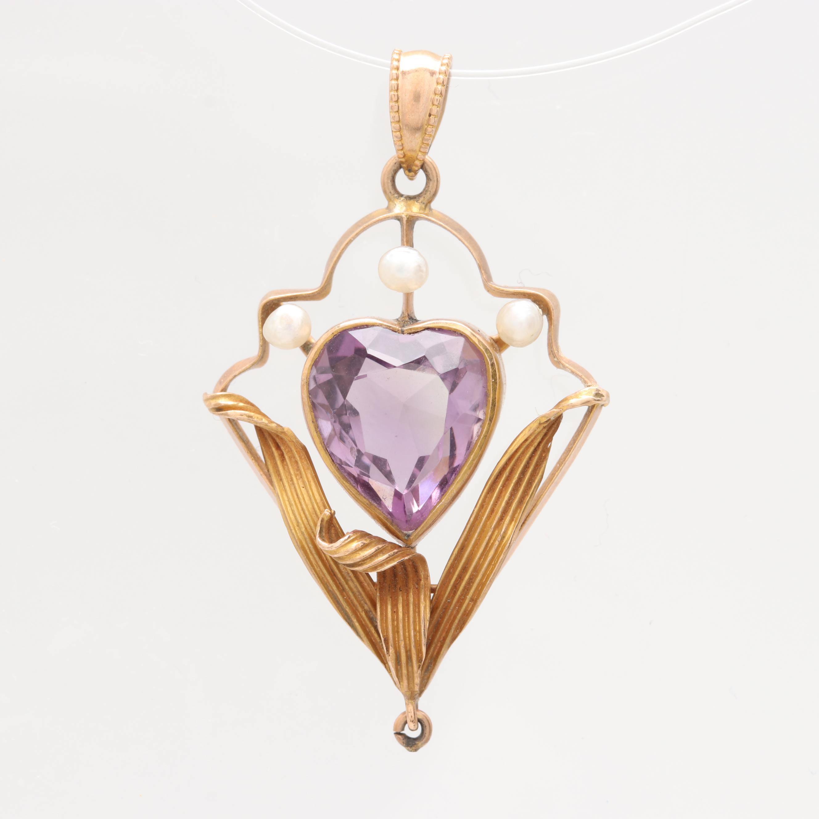 Art Nouveau 10K Yellow Gold Amethyst and Cultured Pearl Pendant