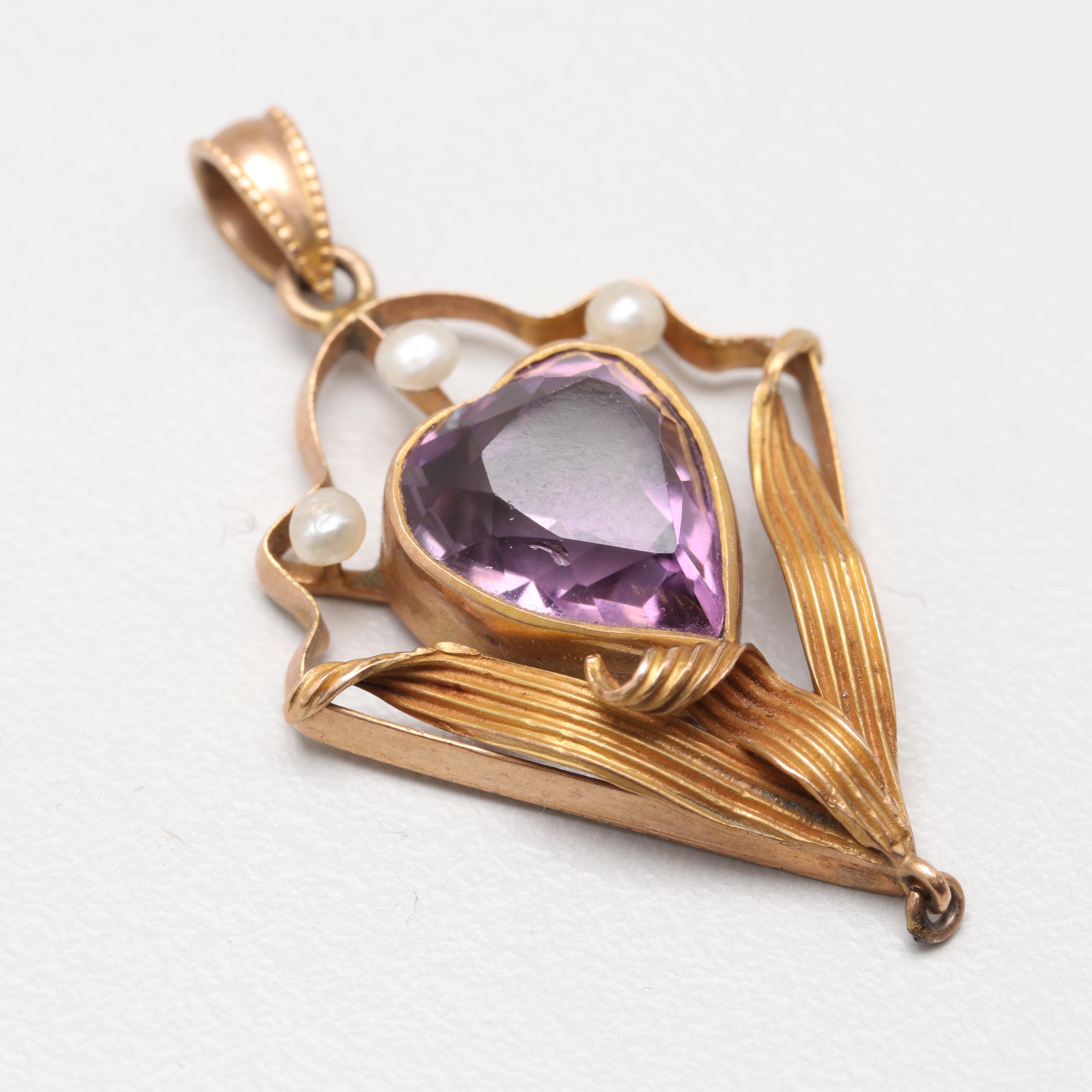 Art Nouveau 10K Yellow Gold Amethyst and Cultured Pearl Pendant