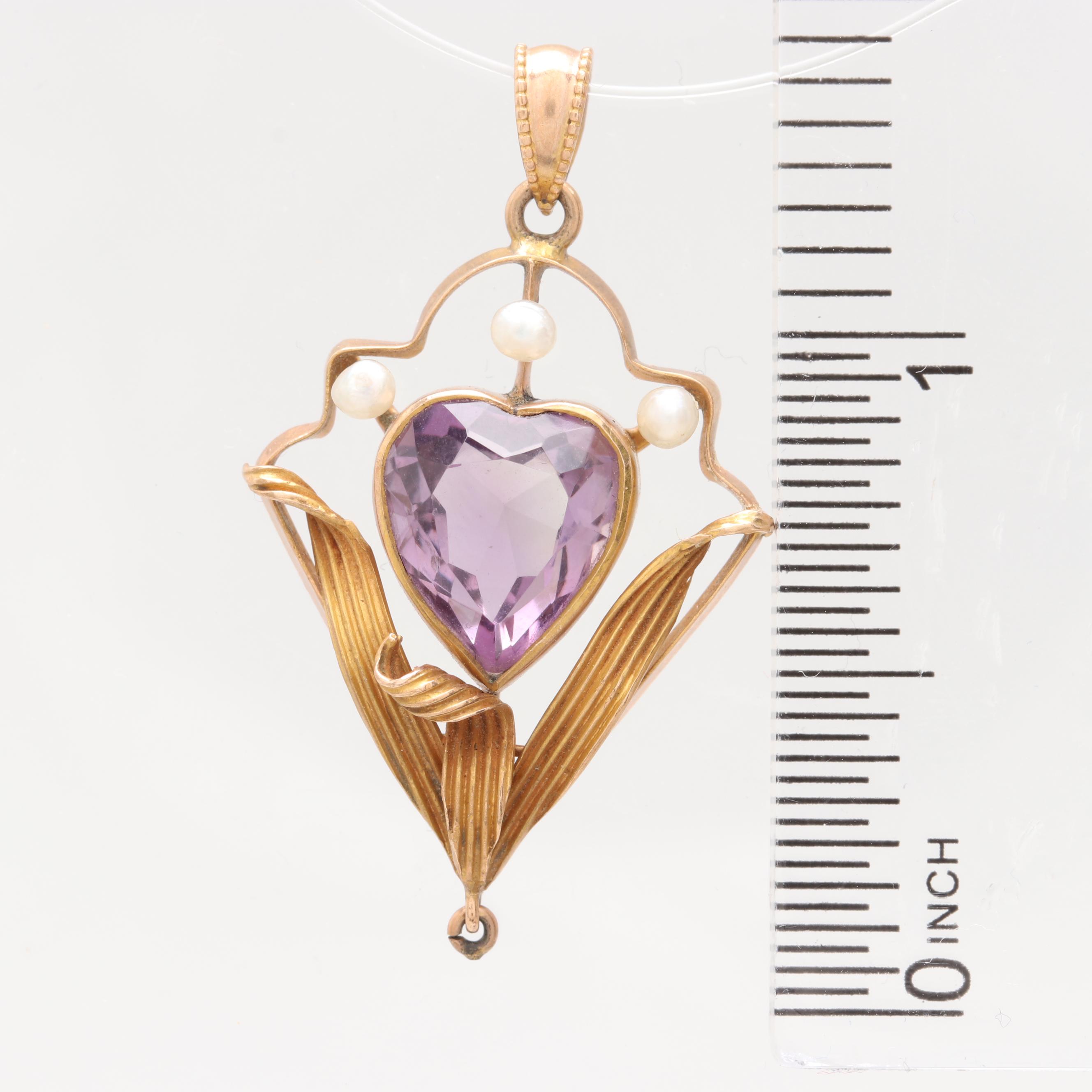 Art Nouveau 10K Yellow Gold Amethyst and Cultured Pearl Pendant