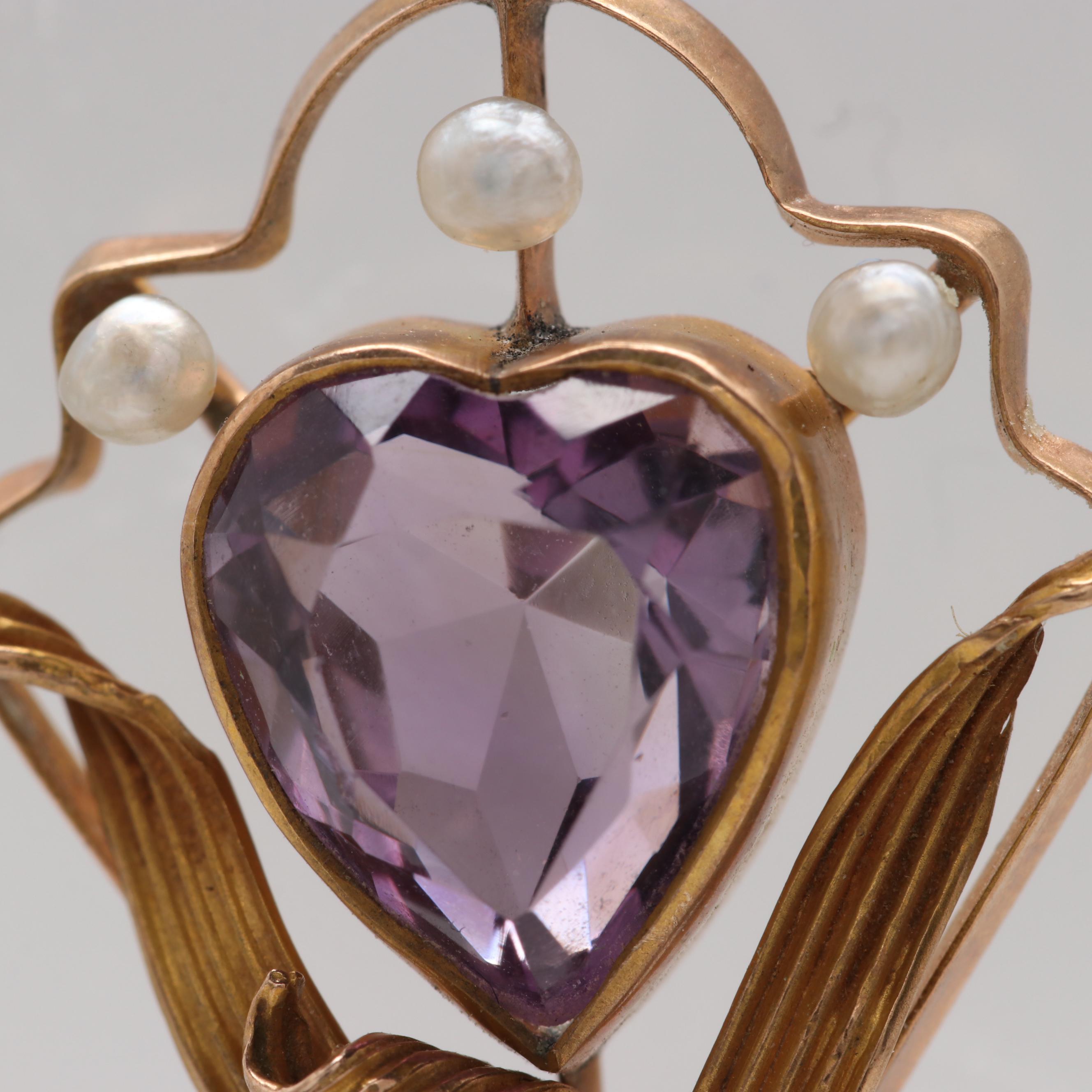 Art Nouveau 10K Yellow Gold Amethyst and Cultured Pearl Pendant