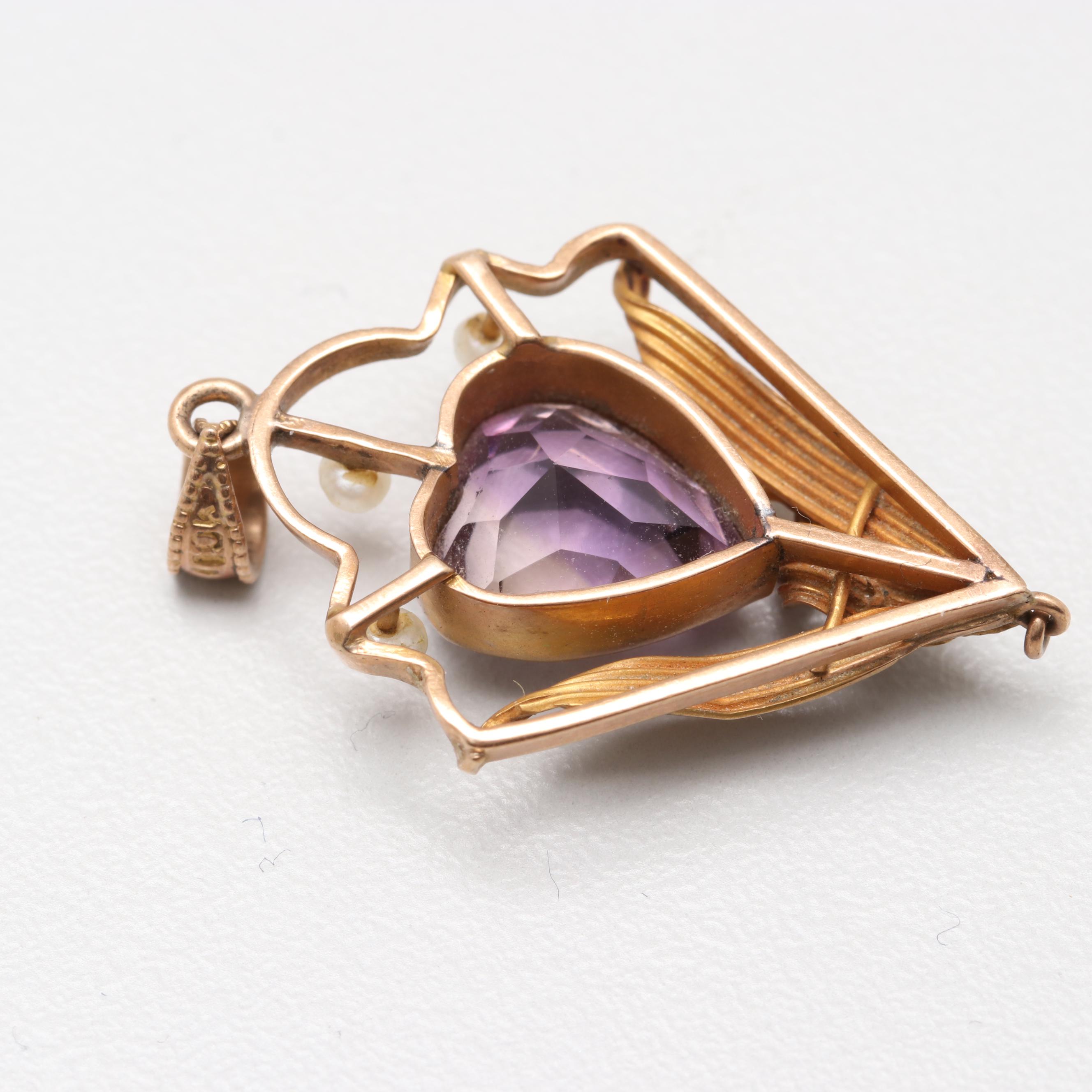 Art Nouveau 10K Yellow Gold Amethyst and Cultured Pearl Pendant