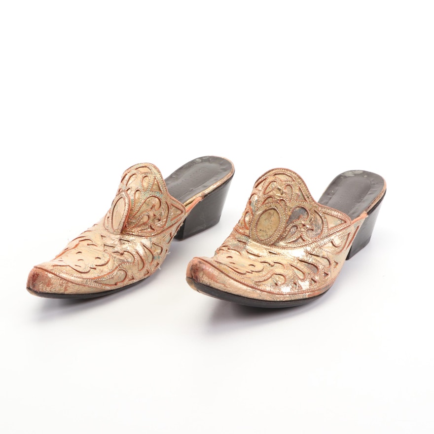 Gianni Barbato Laser Cut Mules in Distressed Metallic Gold Leather