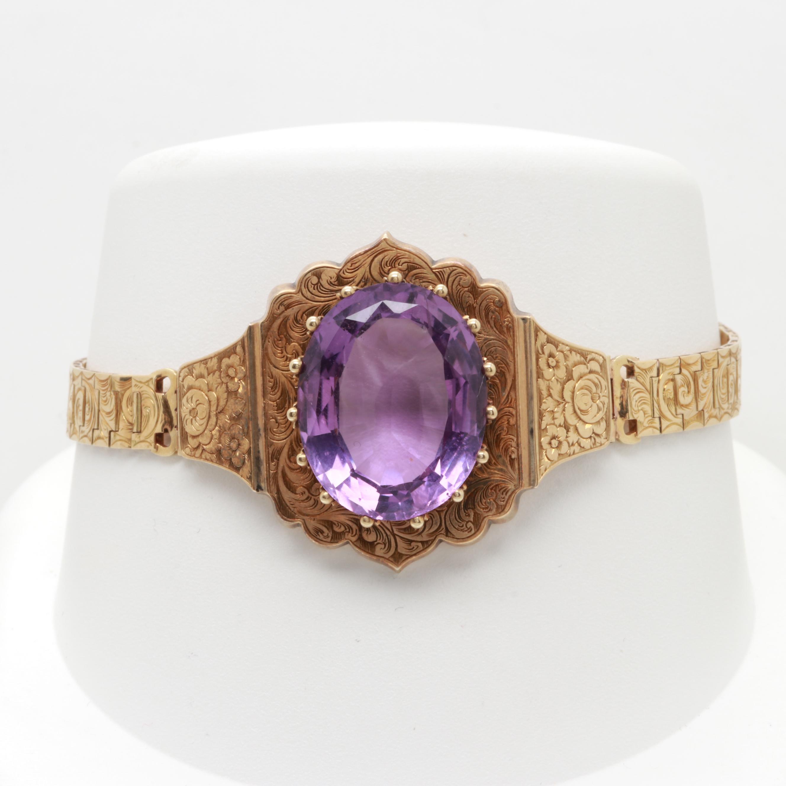 Mid Victorian 14K Yellow Gold 13.80 CT Amethyst Articulated Strap Bracelet