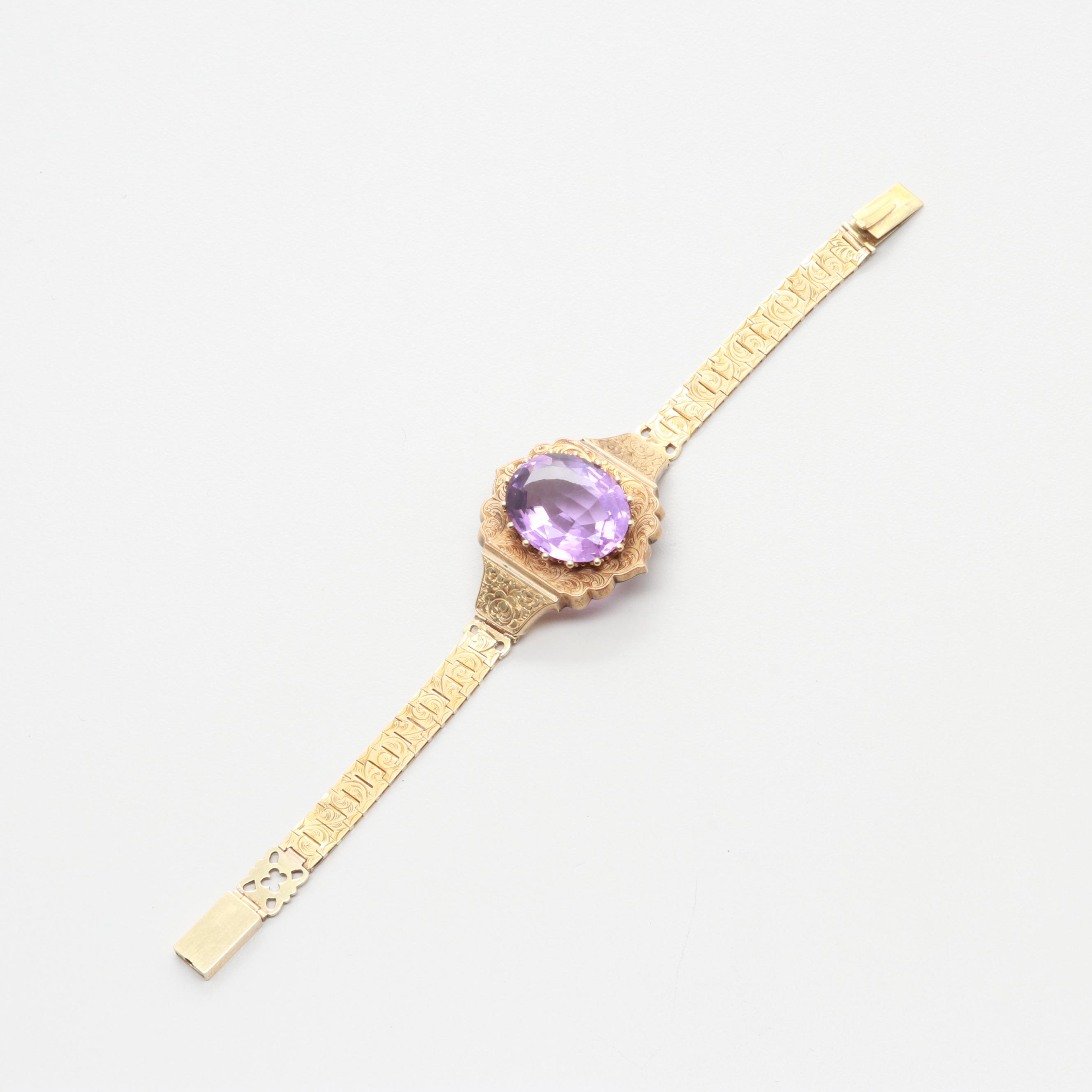Mid Victorian 14K Yellow Gold 13.80 CT Amethyst Articulated Strap Bracelet