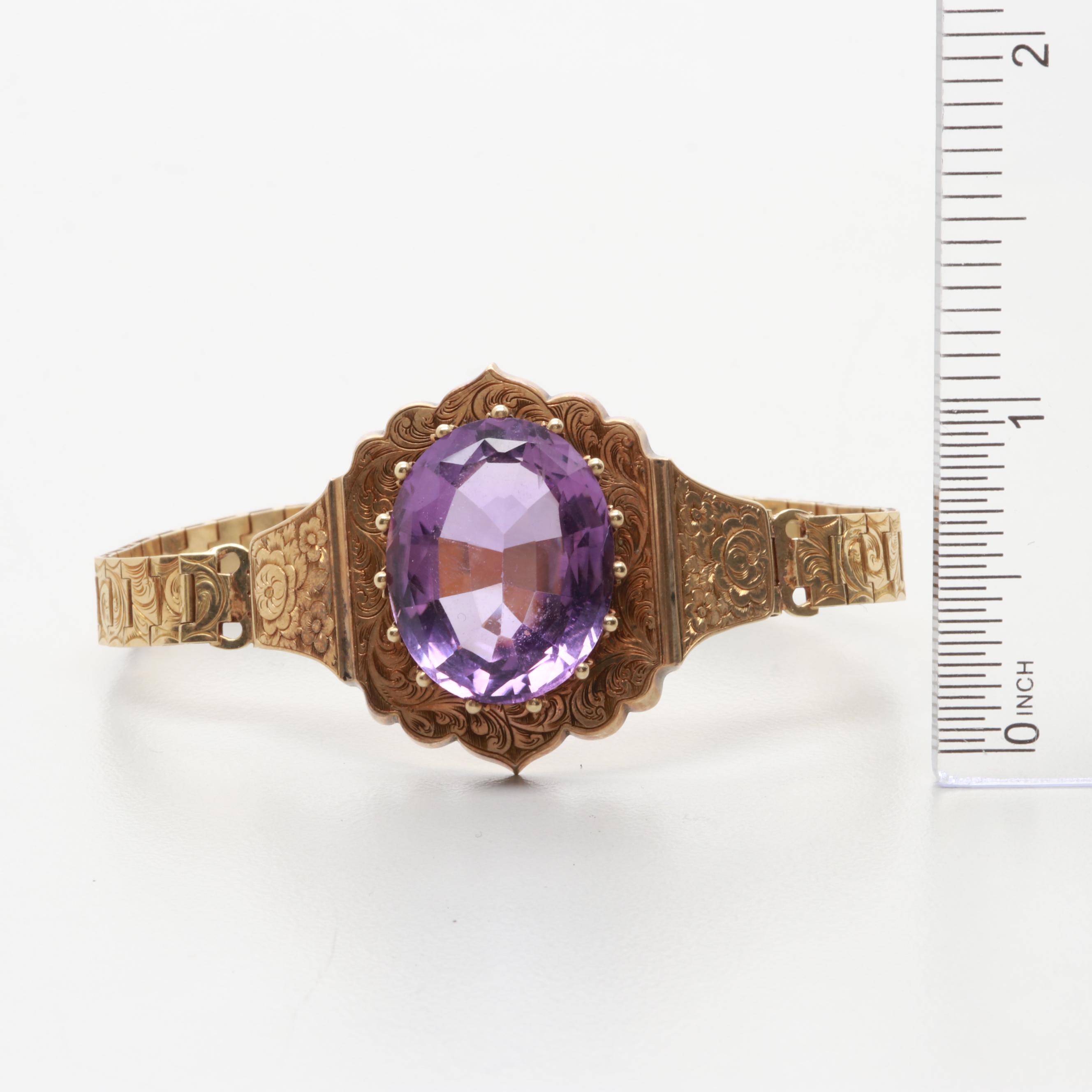 Mid Victorian 14K Yellow Gold 13.80 CT Amethyst Articulated Strap Bracelet