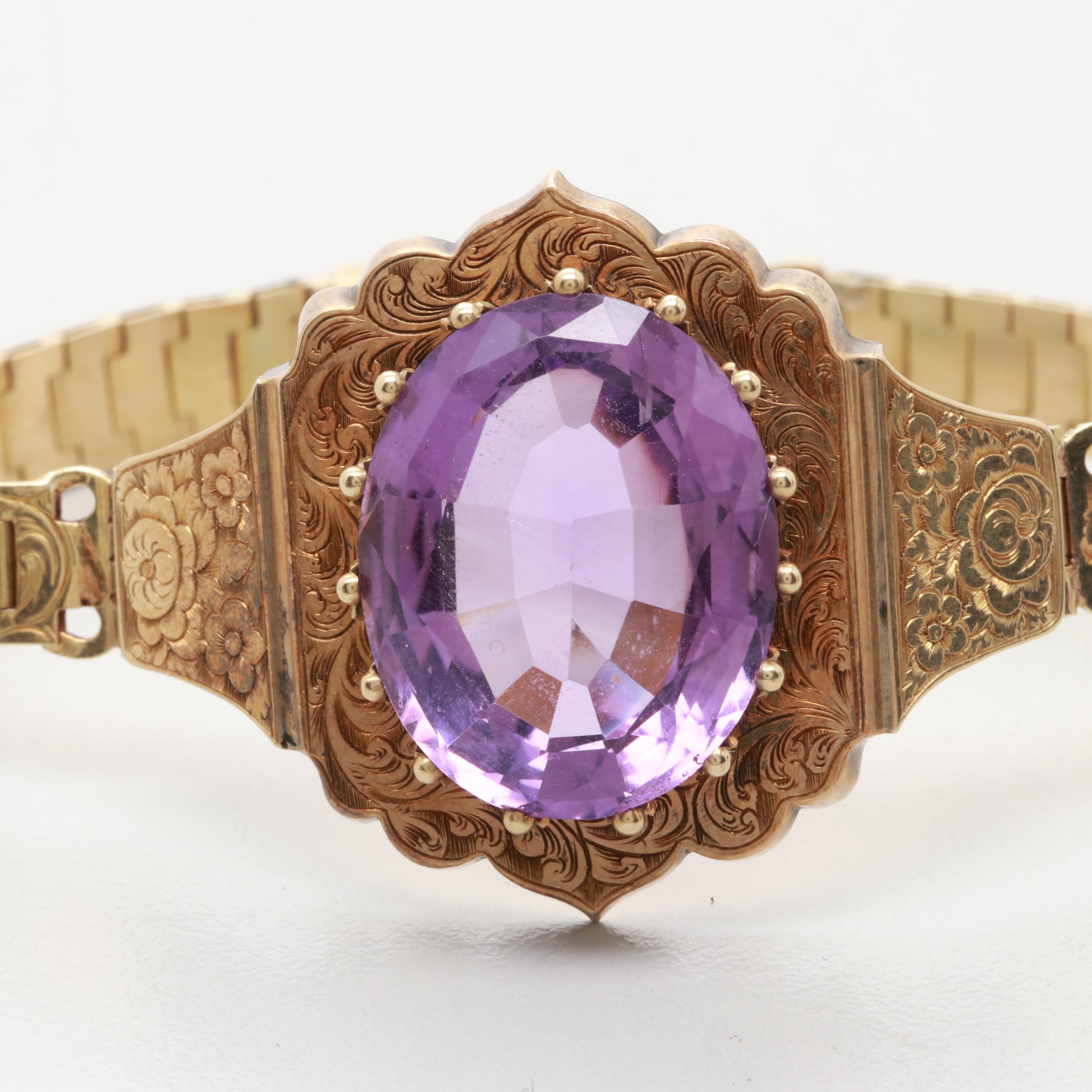 Mid Victorian 14K Yellow Gold 13.80 CT Amethyst Articulated Strap Bracelet