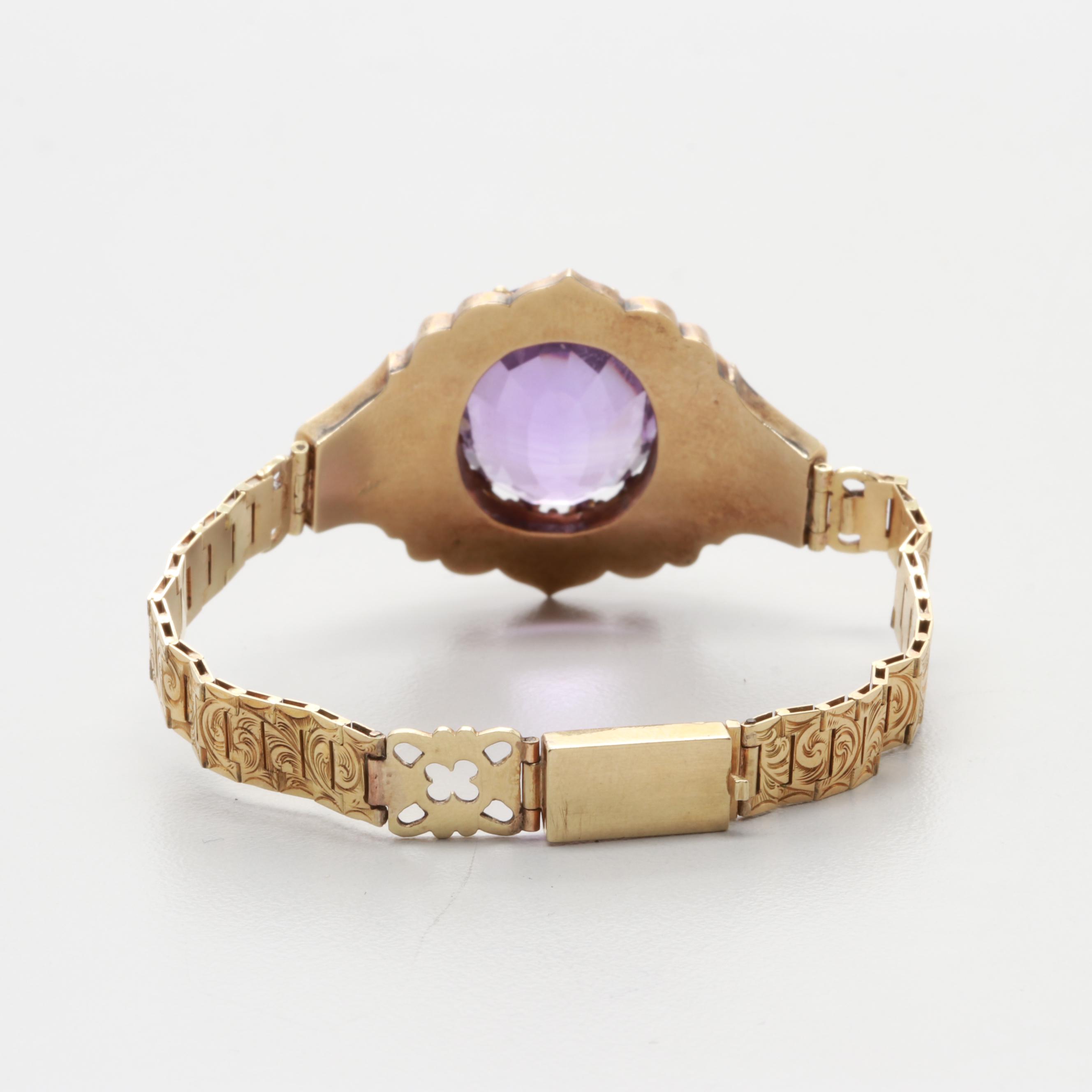 Mid Victorian 14K Yellow Gold 13.80 CT Amethyst Articulated Strap Bracelet