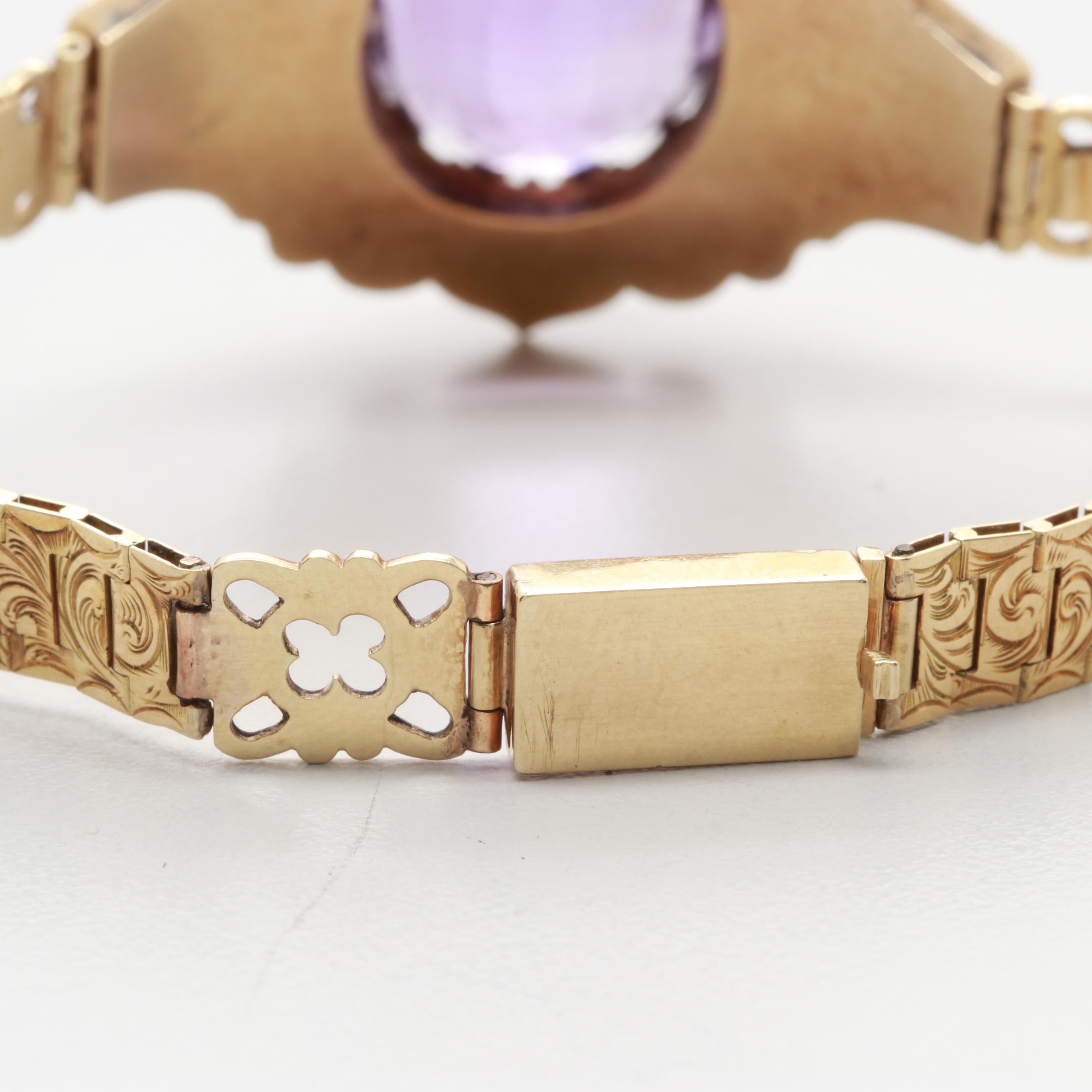 Mid Victorian 14K Yellow Gold 13.80 CT Amethyst Articulated Strap Bracelet