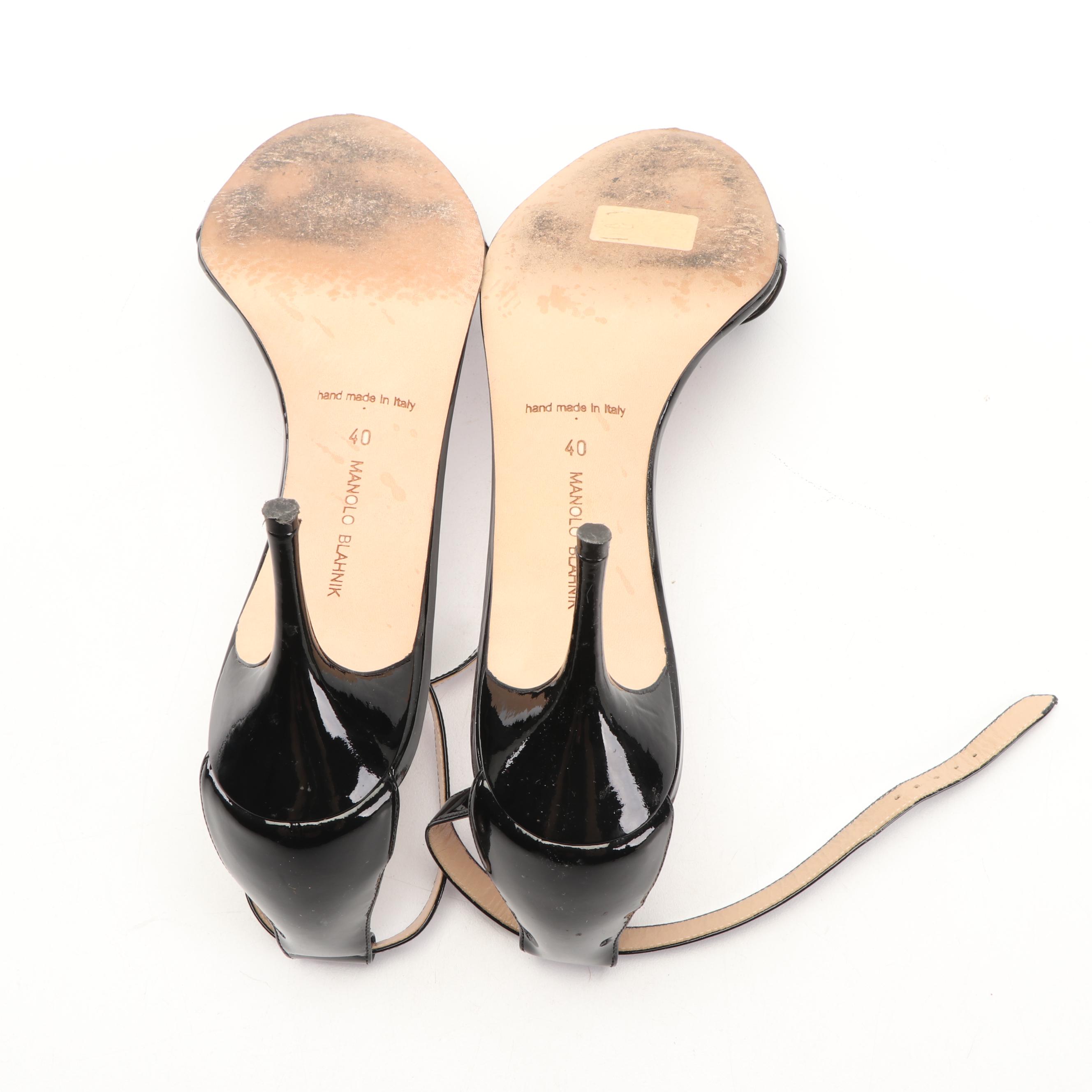 Manolo Blahnik Black Patent Leather Ankle Strap Heels