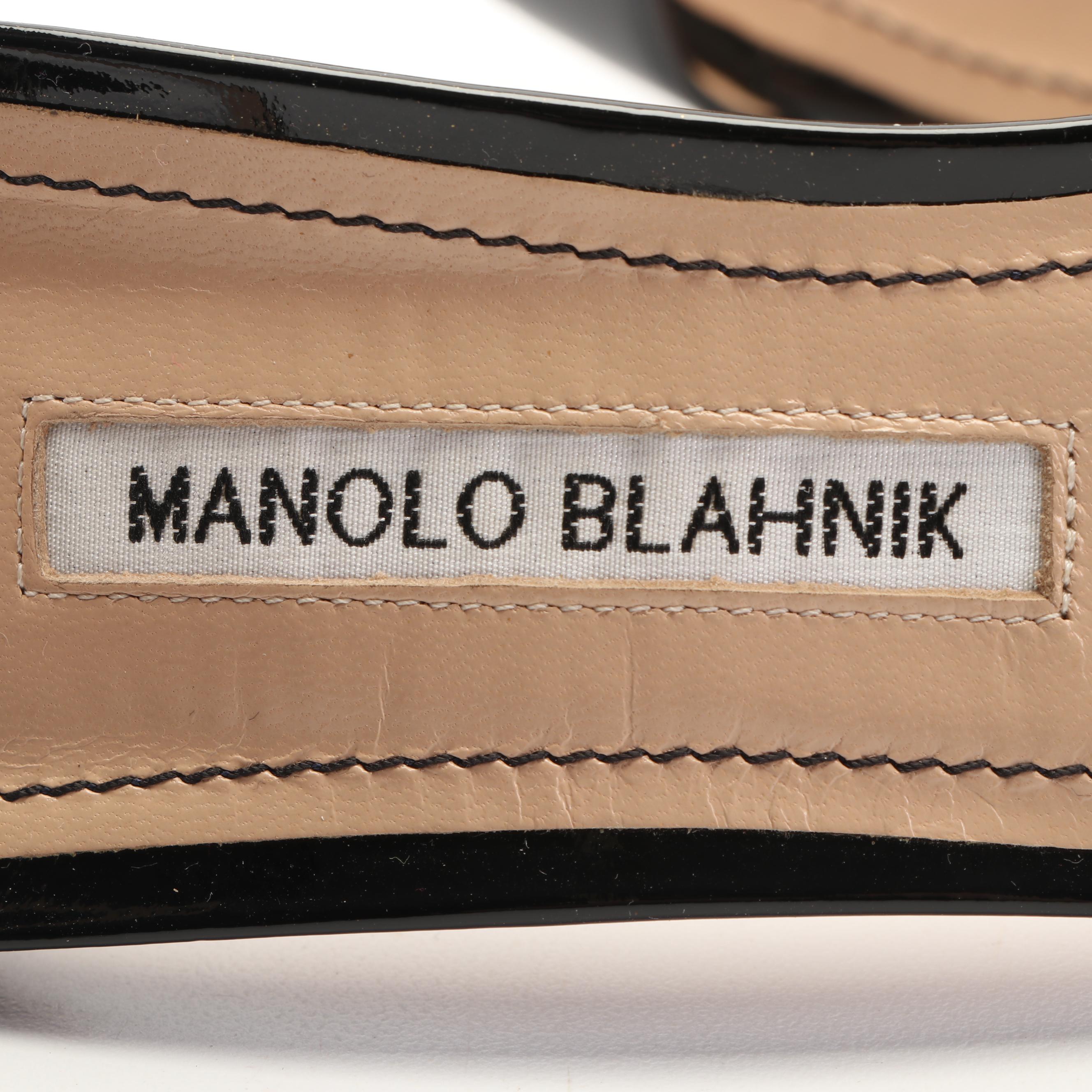 Manolo Blahnik Black Patent Leather Ankle Strap Heels