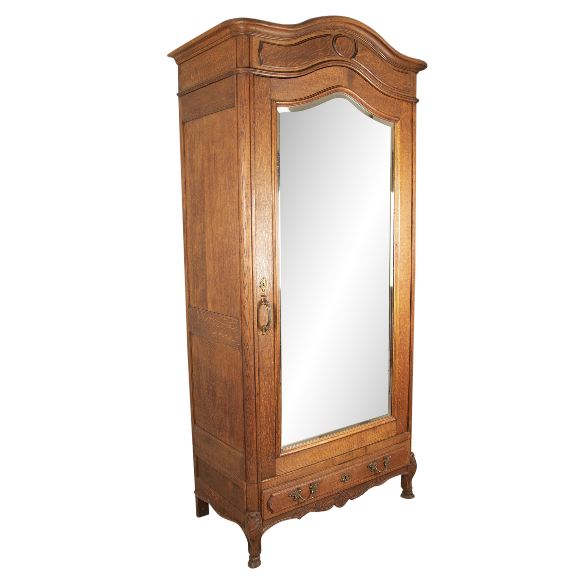 French Provincial Style Oak Wardrobe with Mirrored Door, Early 20th Century