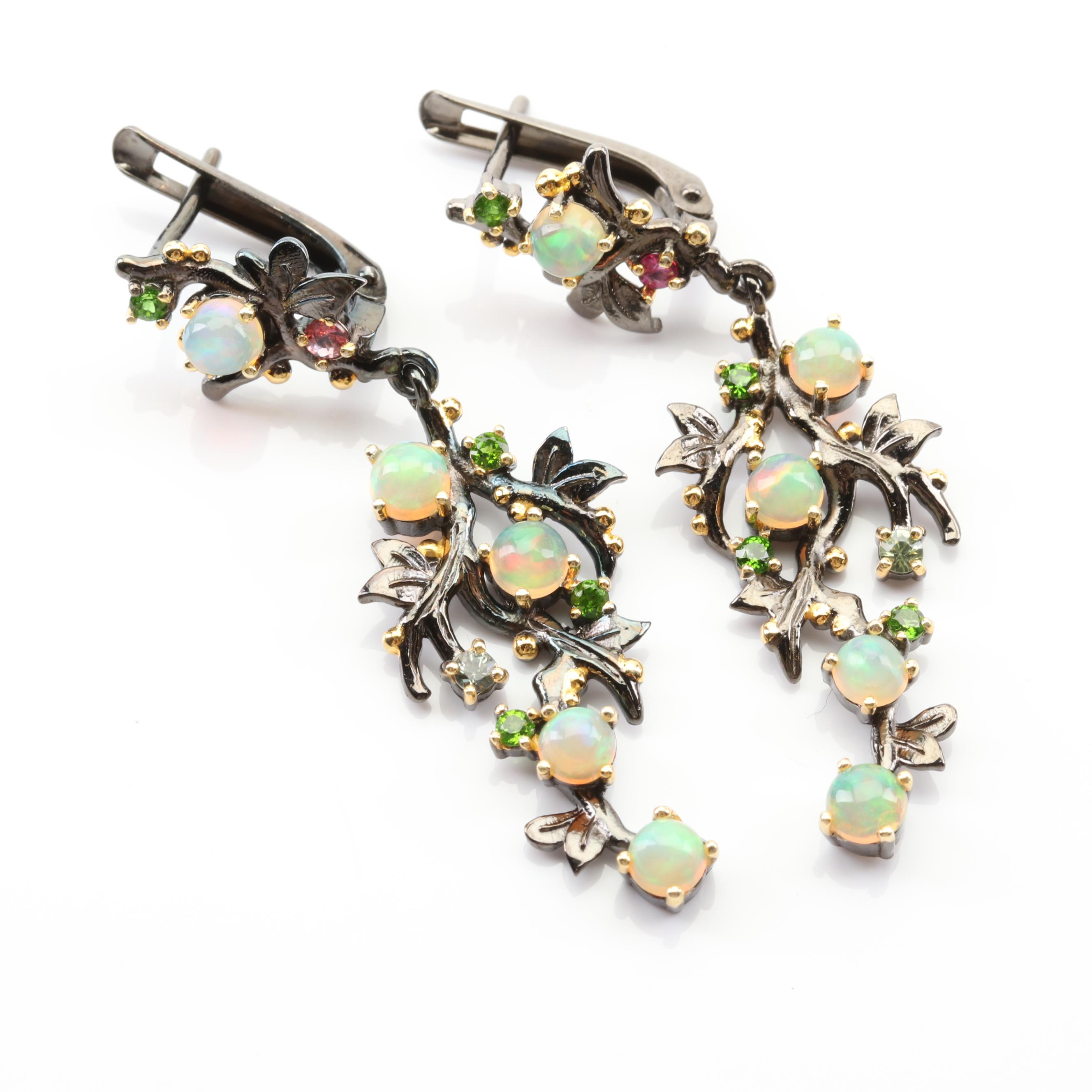 Sterling Silver Opal, Peridot and Sapphire Branch Design Earrings