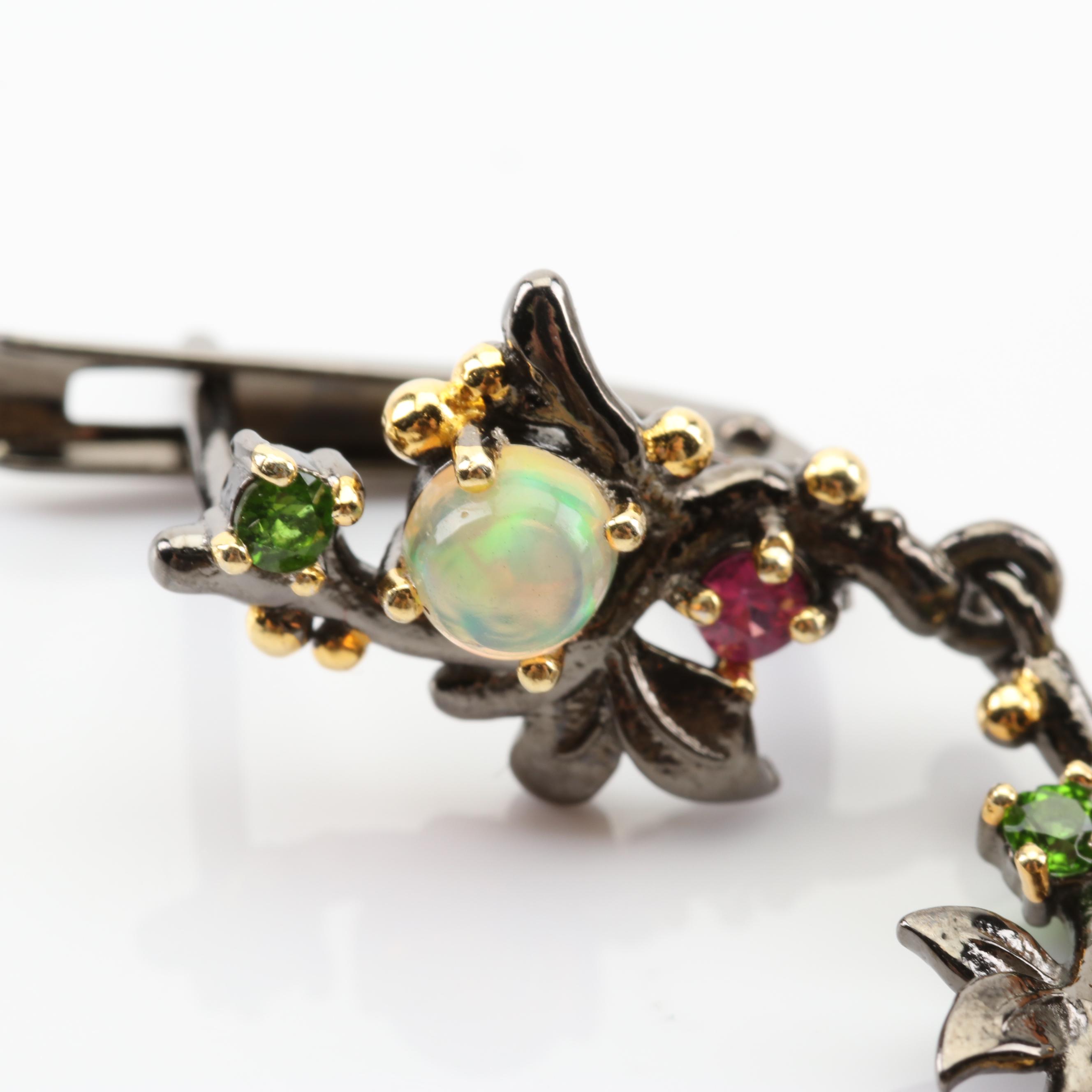 Sterling Silver Opal, Peridot and Sapphire Branch Design Earrings