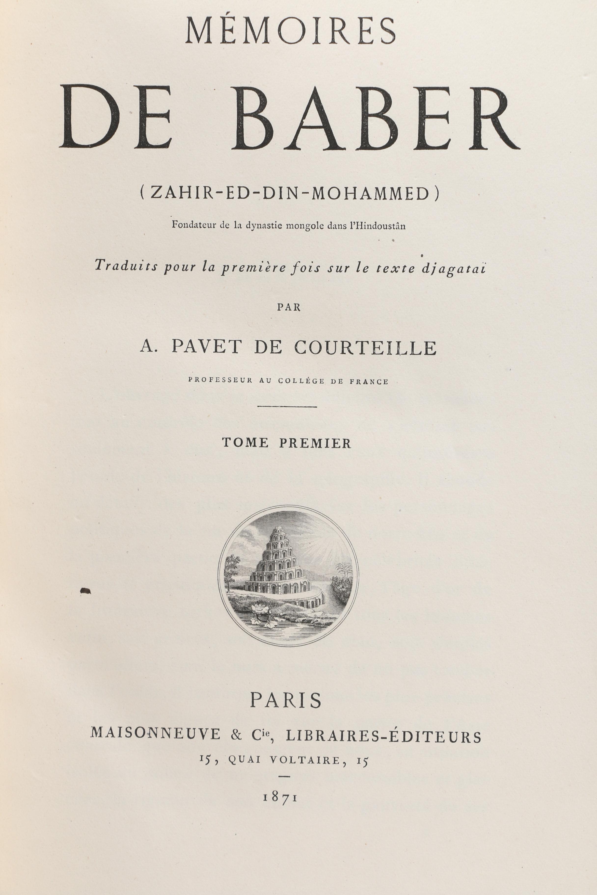 Two Volume "Mémoires de Baber" Ẓahīr-ud-Dīn Muhammad Bābur, 1871