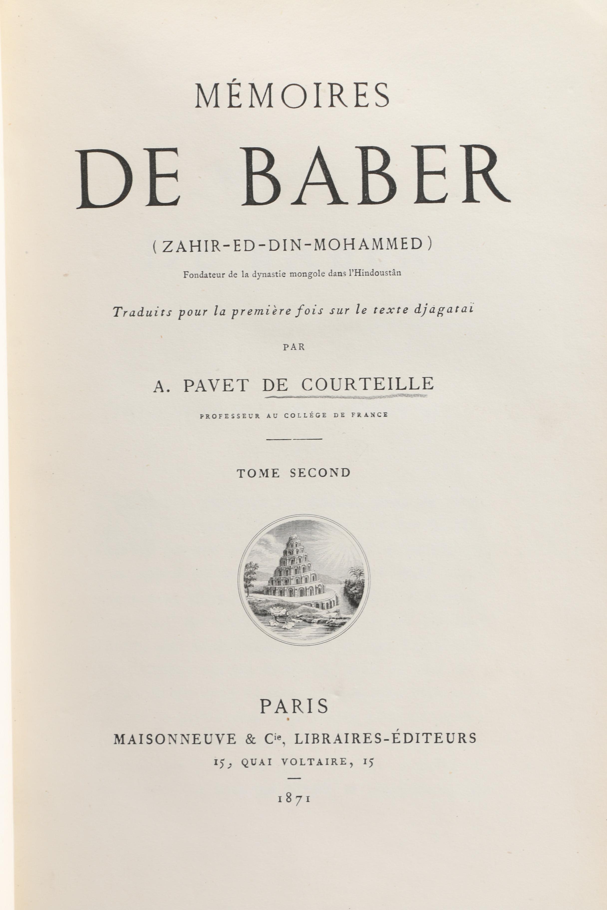 Two Volume "Mémoires de Baber" Ẓahīr-ud-Dīn Muhammad Bābur, 1871