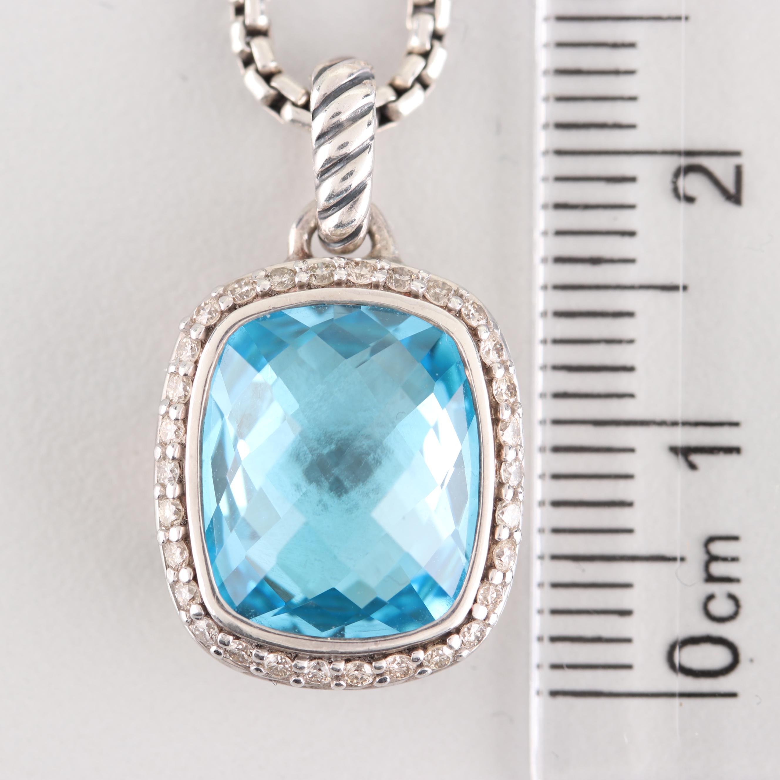 David Yurman Sterling Silver Blue Topaz and Diamond Pendant Necklace