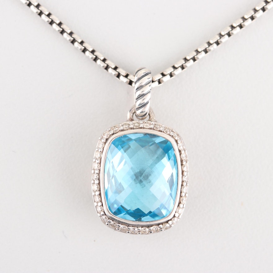 David Yurman Sterling Silver Blue Topaz and Diamond Pendant Necklace