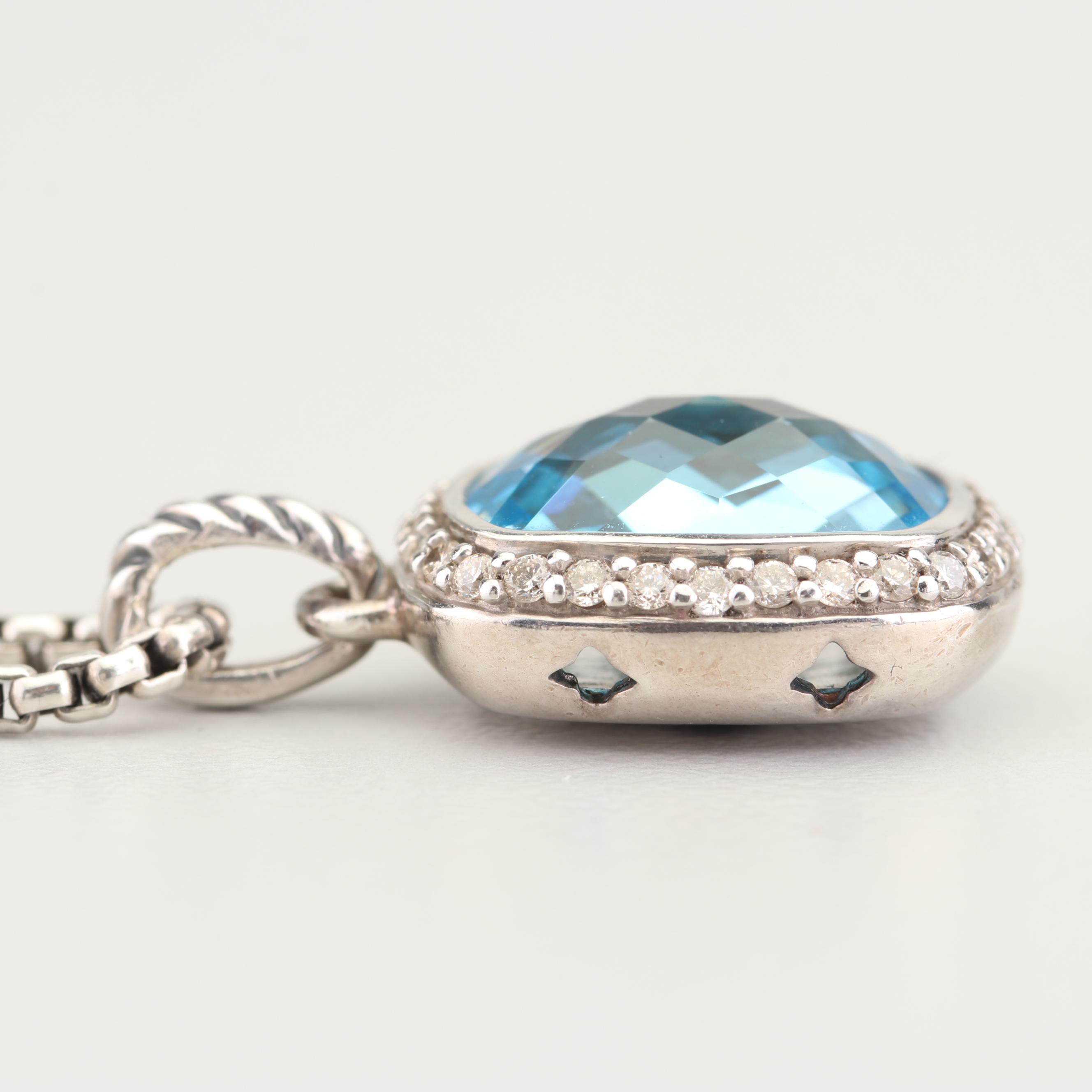 David Yurman Sterling Silver Blue Topaz and Diamond Pendant Necklace