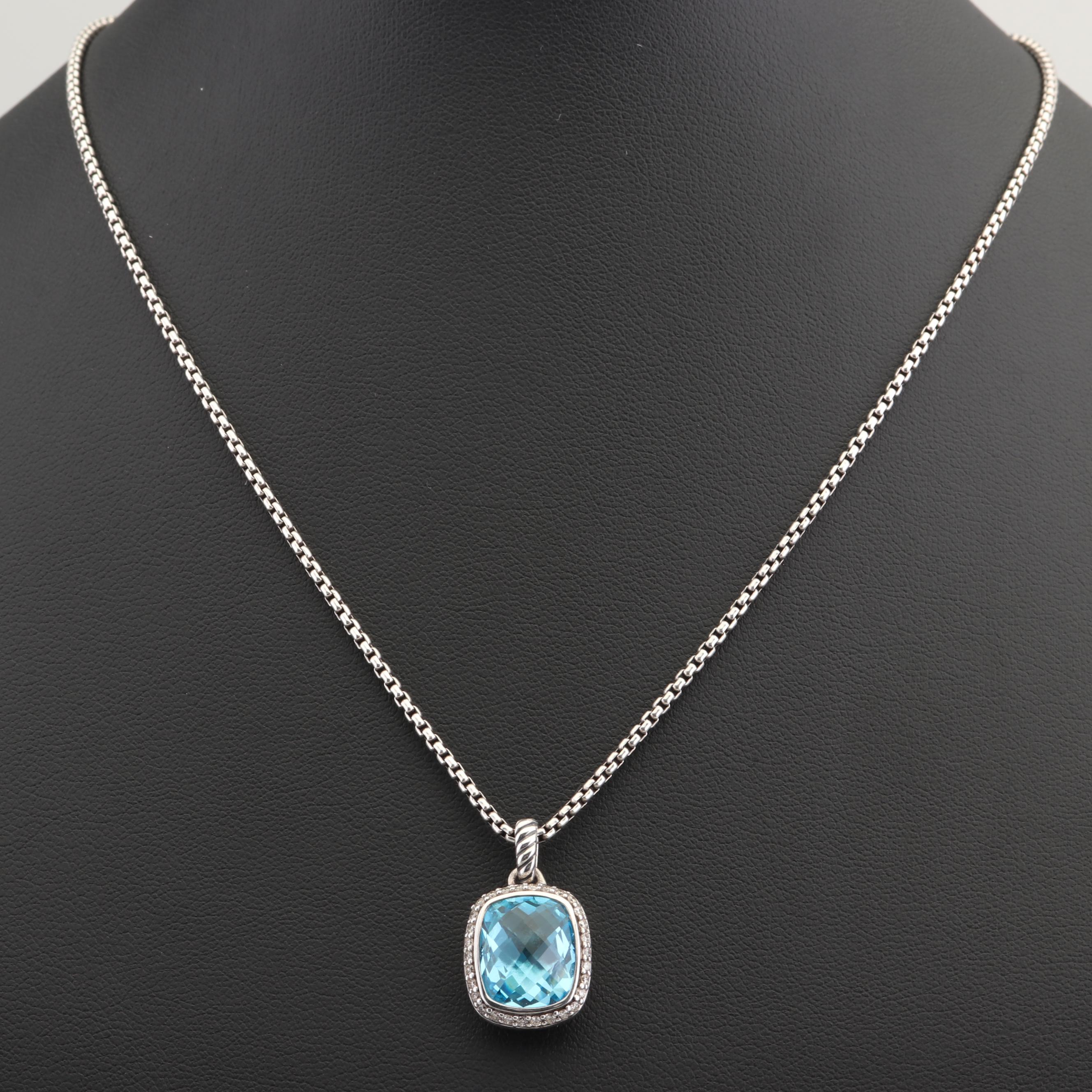 David Yurman Sterling Silver Blue Topaz and Diamond Pendant Necklace