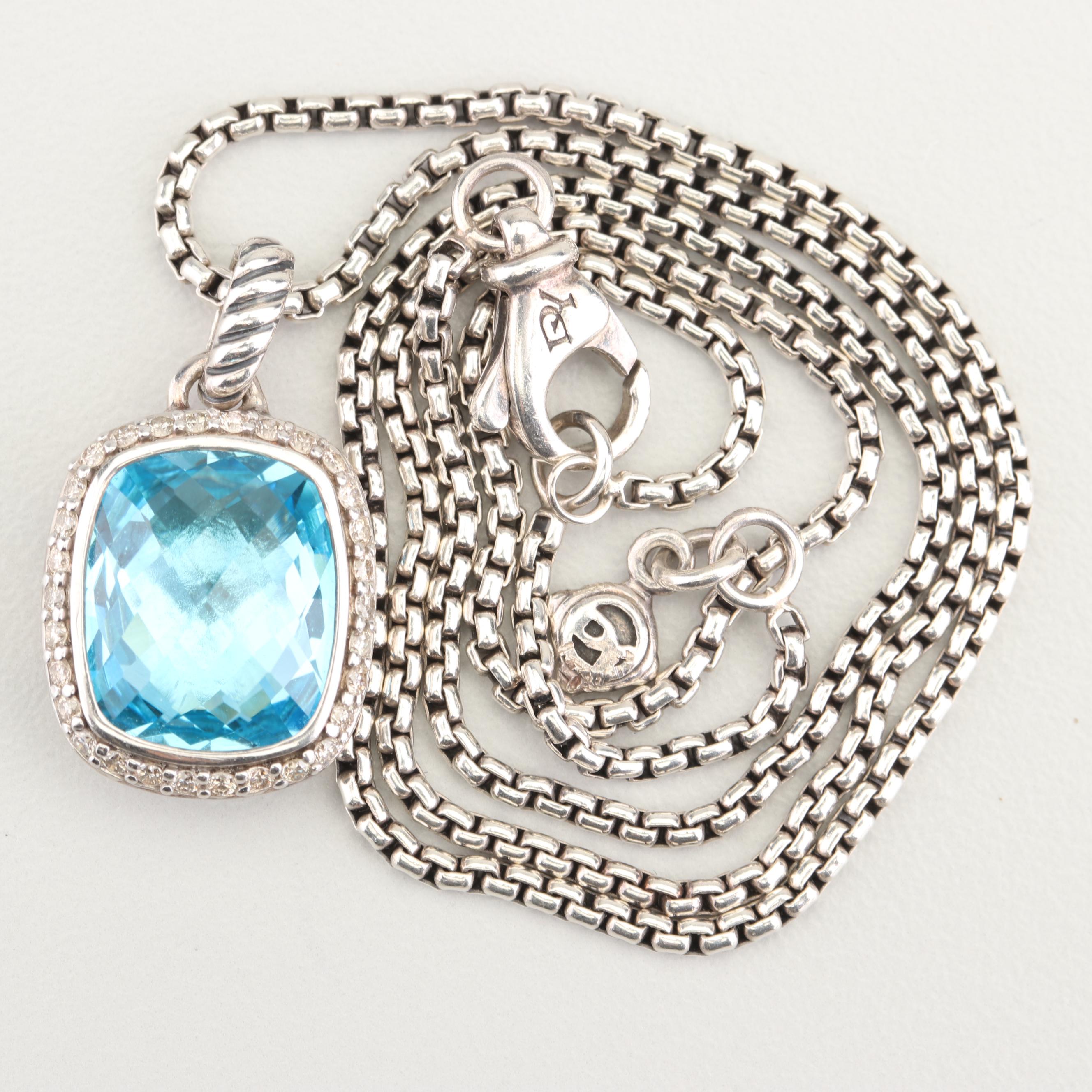 David Yurman Sterling Silver Blue Topaz and Diamond Pendant Necklace