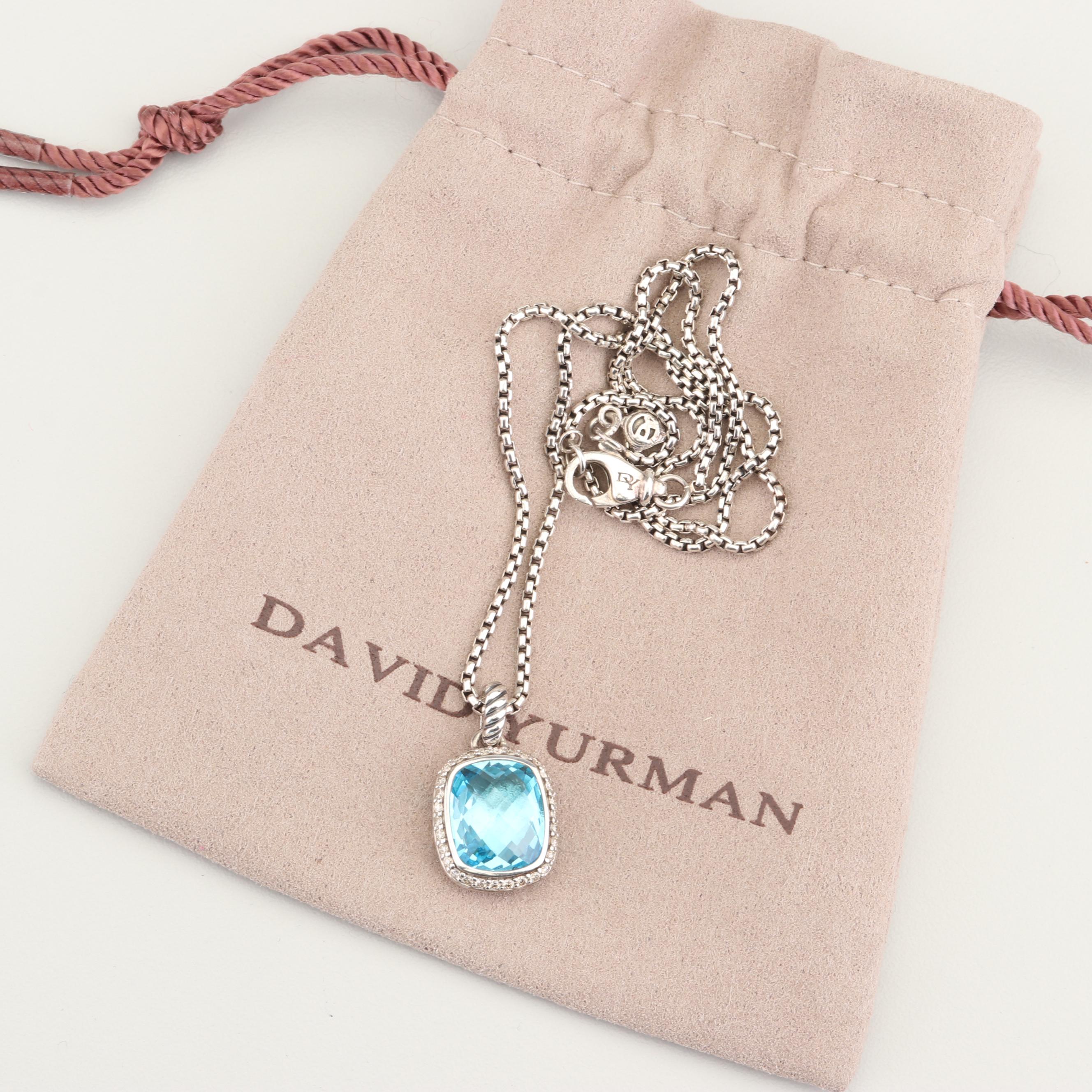 David Yurman Sterling Silver Blue Topaz and Diamond Pendant Necklace
