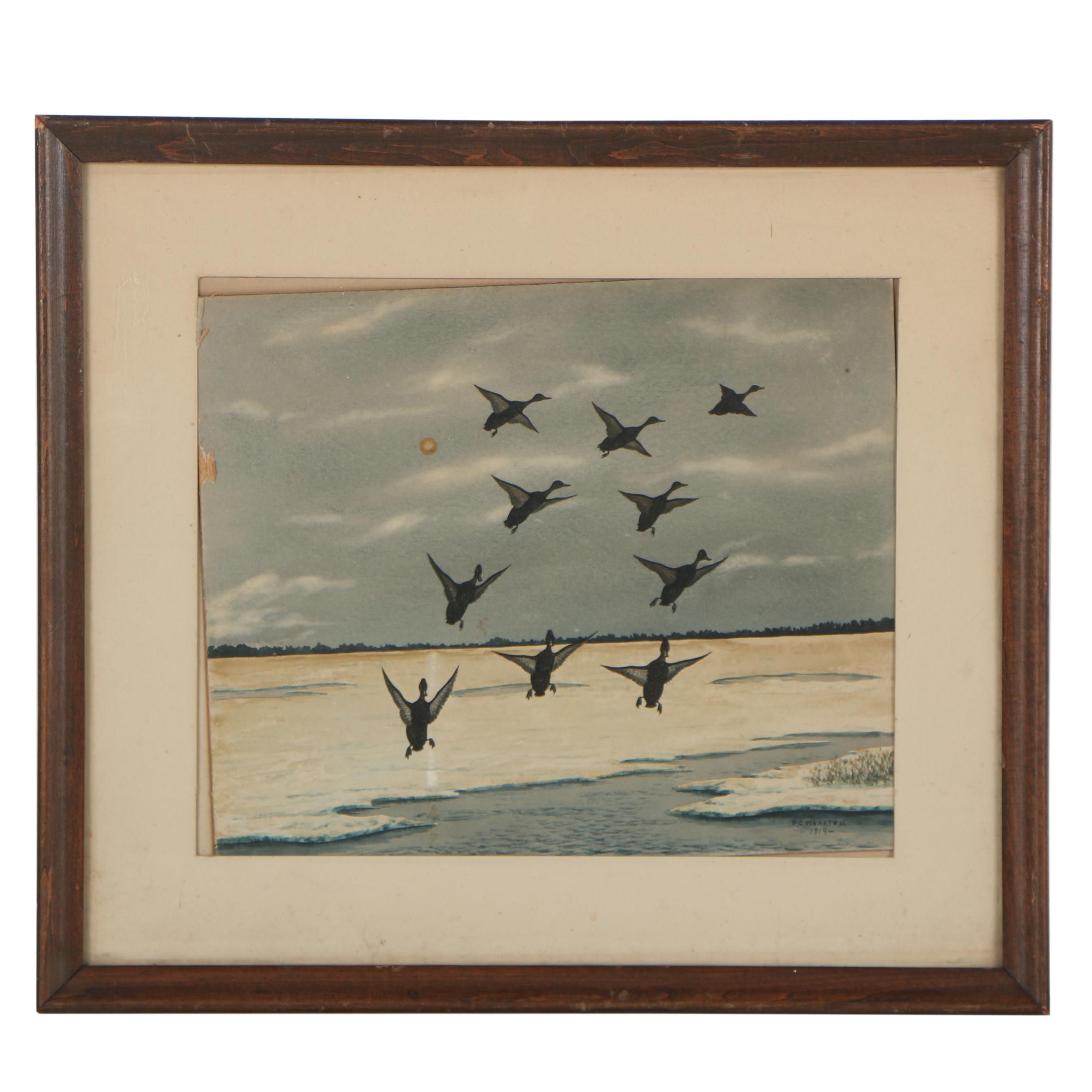 P. C. Wharton 1919 Gouache and Watercolor Painting