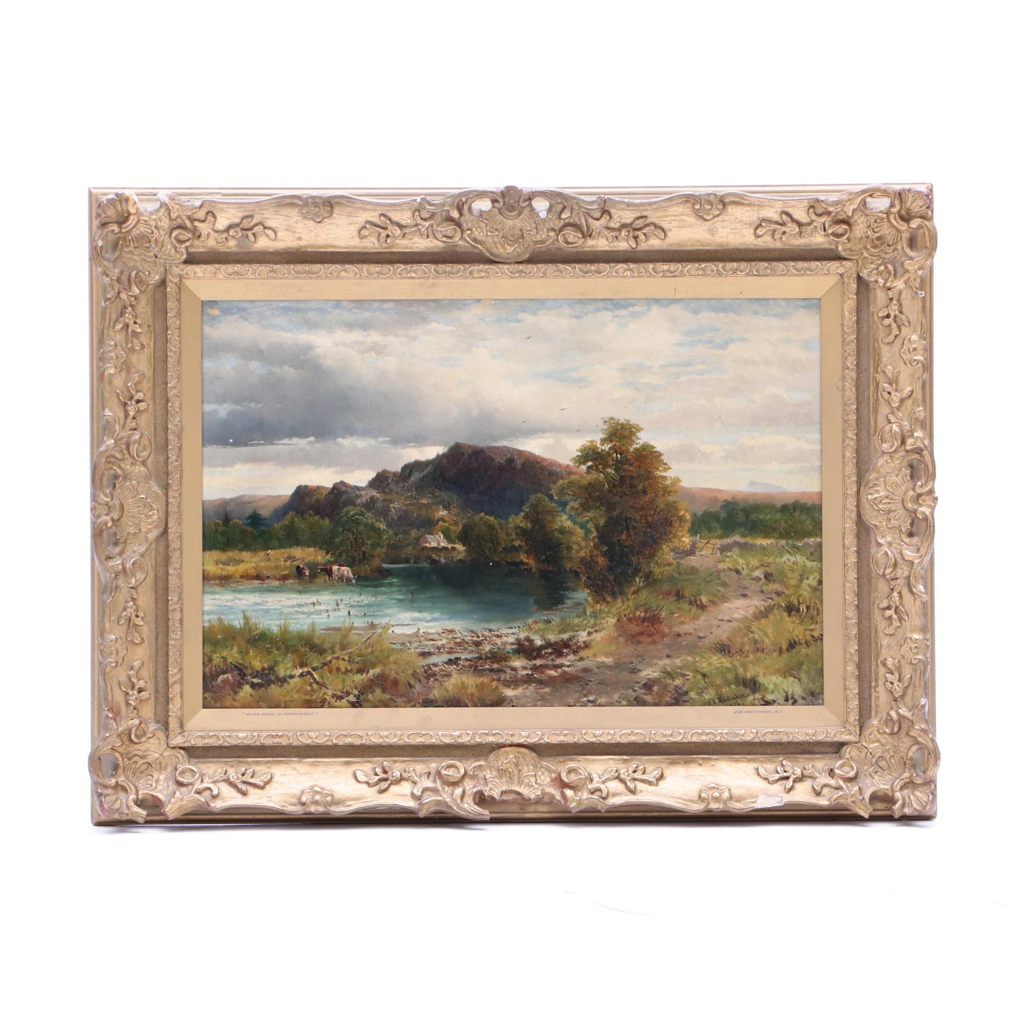 James William Whittaker 1876 Oil Painting "River Scene in North Wales"